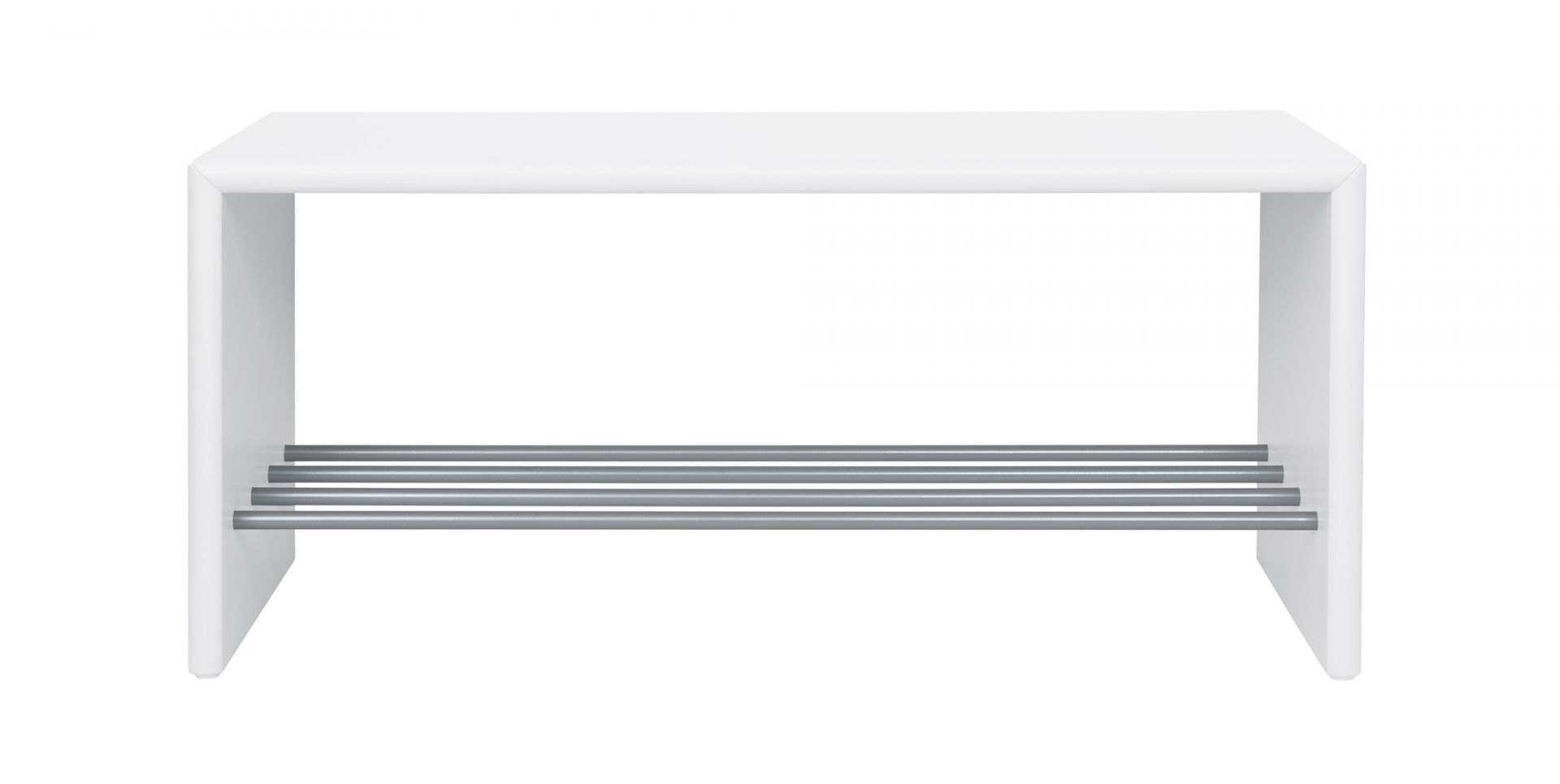 Weiße Schuhbank 100 cm mit drei silbernen Schuhablagen, ideal für den Eingangsbereich.