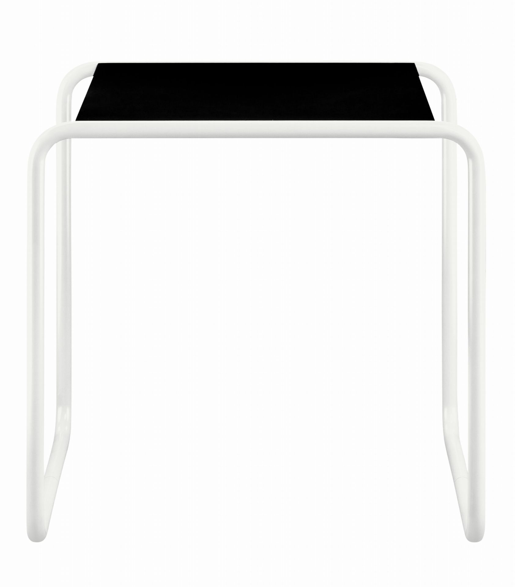Weißer Thonet B 9 a Beistelltisch mit schwarzer Tischplatte, minimalistisches Design für Wohnzimmer und Büro.