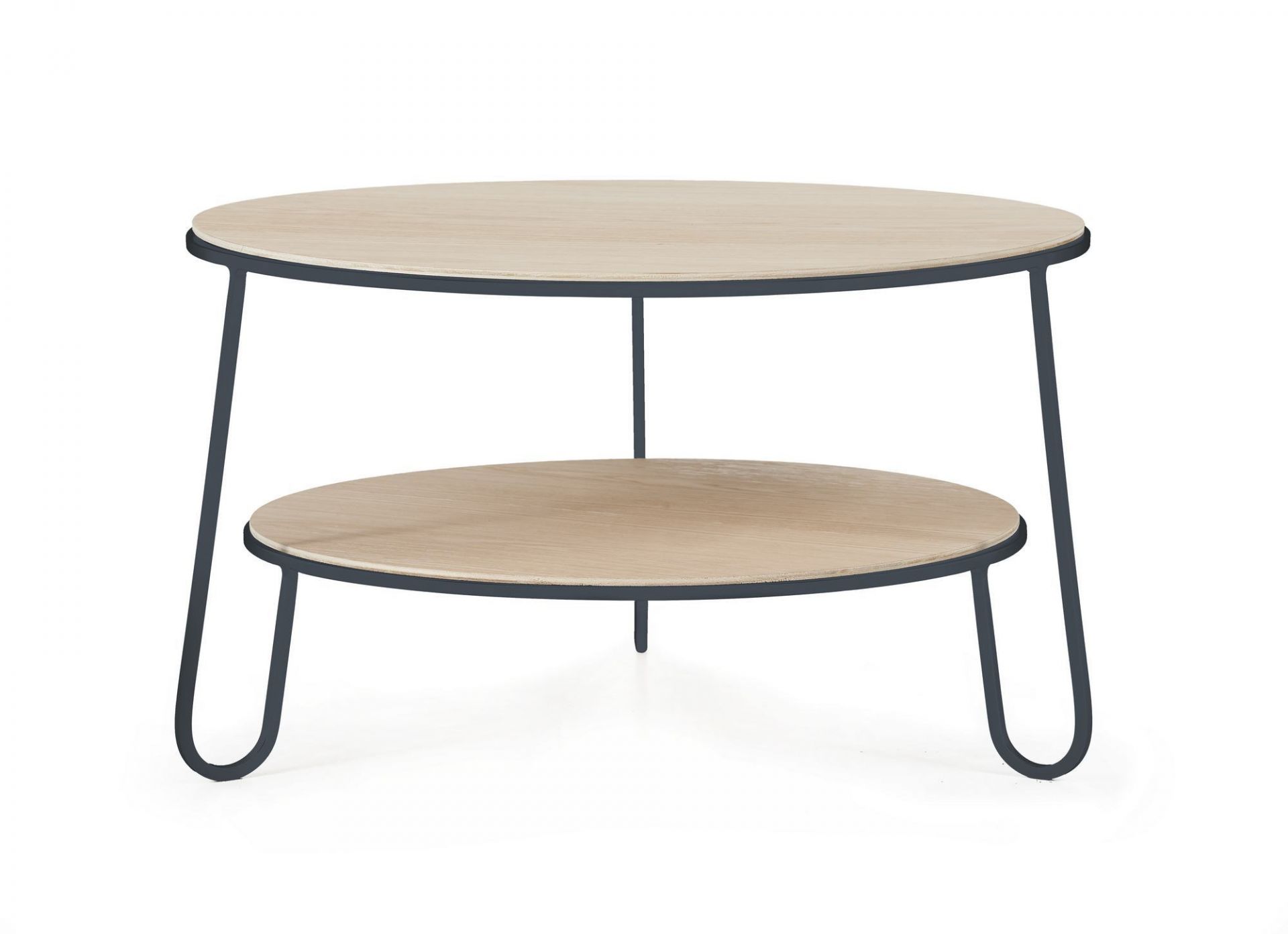 Eugénie Couchtisch von Hartô in Schiefergrau: Runder Beistelltisch mit zwei Ebenen und Metallgestell.