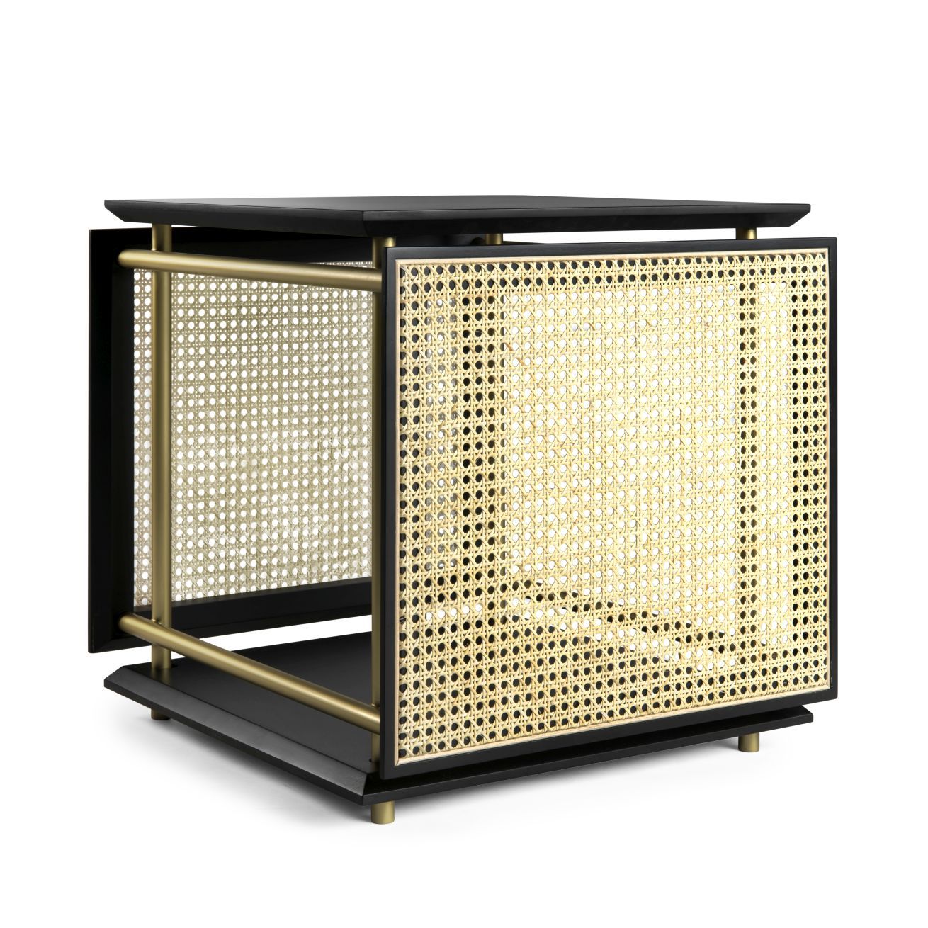 Wiener Box Beistelltisch von Wiener GTV Design mit Wiener Geflecht, schwarz und goldfarben.