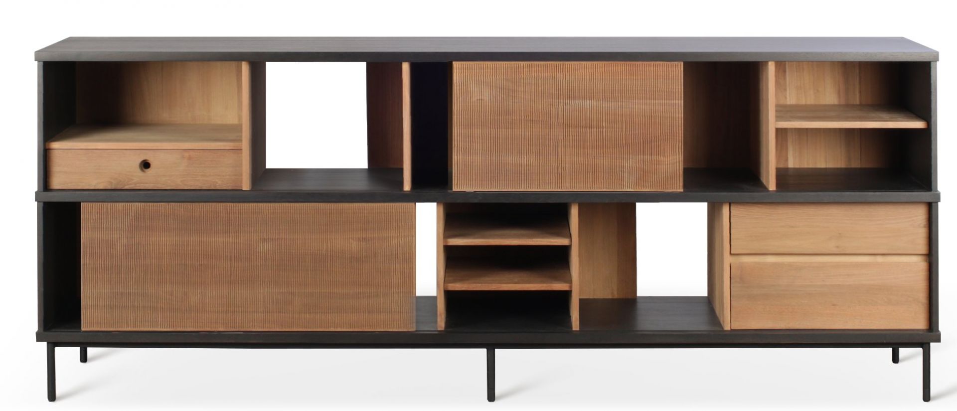 Oscar Teak Anrichte von Ethnicraft: Moderne Kommode aus massivem Teakholz mit Schubladen und Regalen.