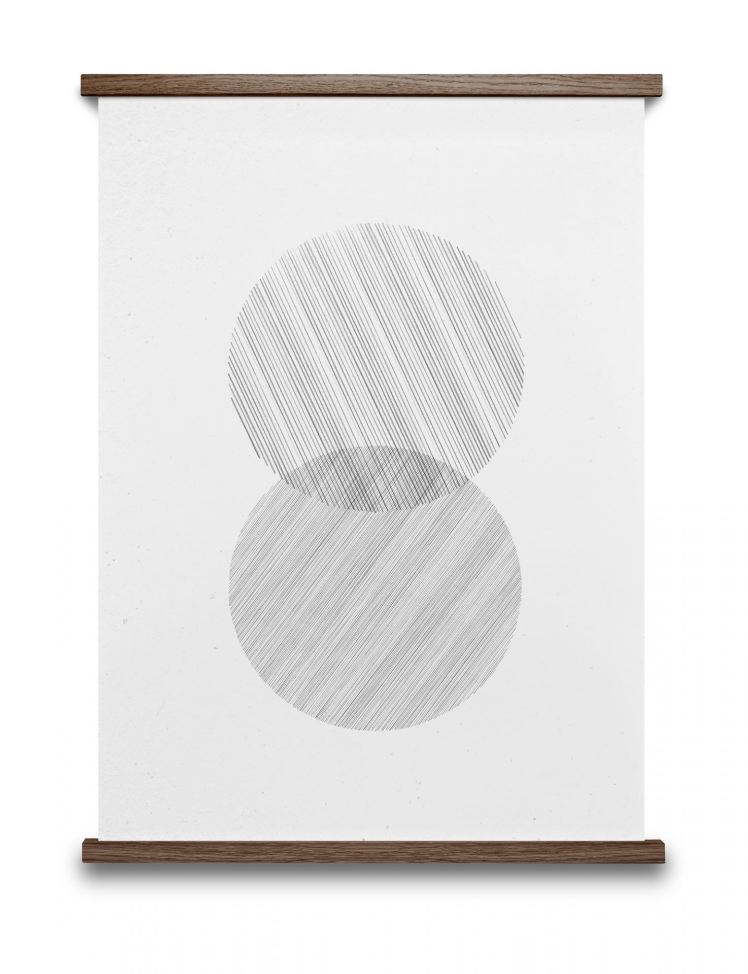 Linework Poster mit zwei Kreisen und Holzaufhängung. Minimalistisches Design für moderne Wanddekoration.