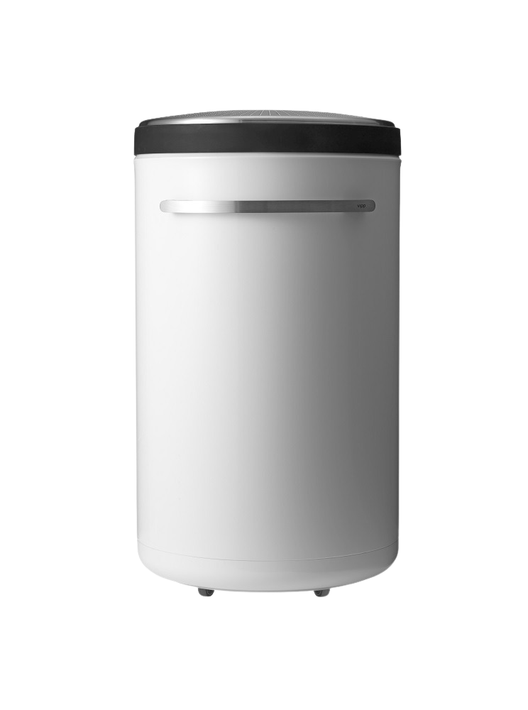 Weißer Vipp Wäschekorb mit Edelstahldetails, runder Form und praktischem Griff für Badezimmer oder Waschküche.