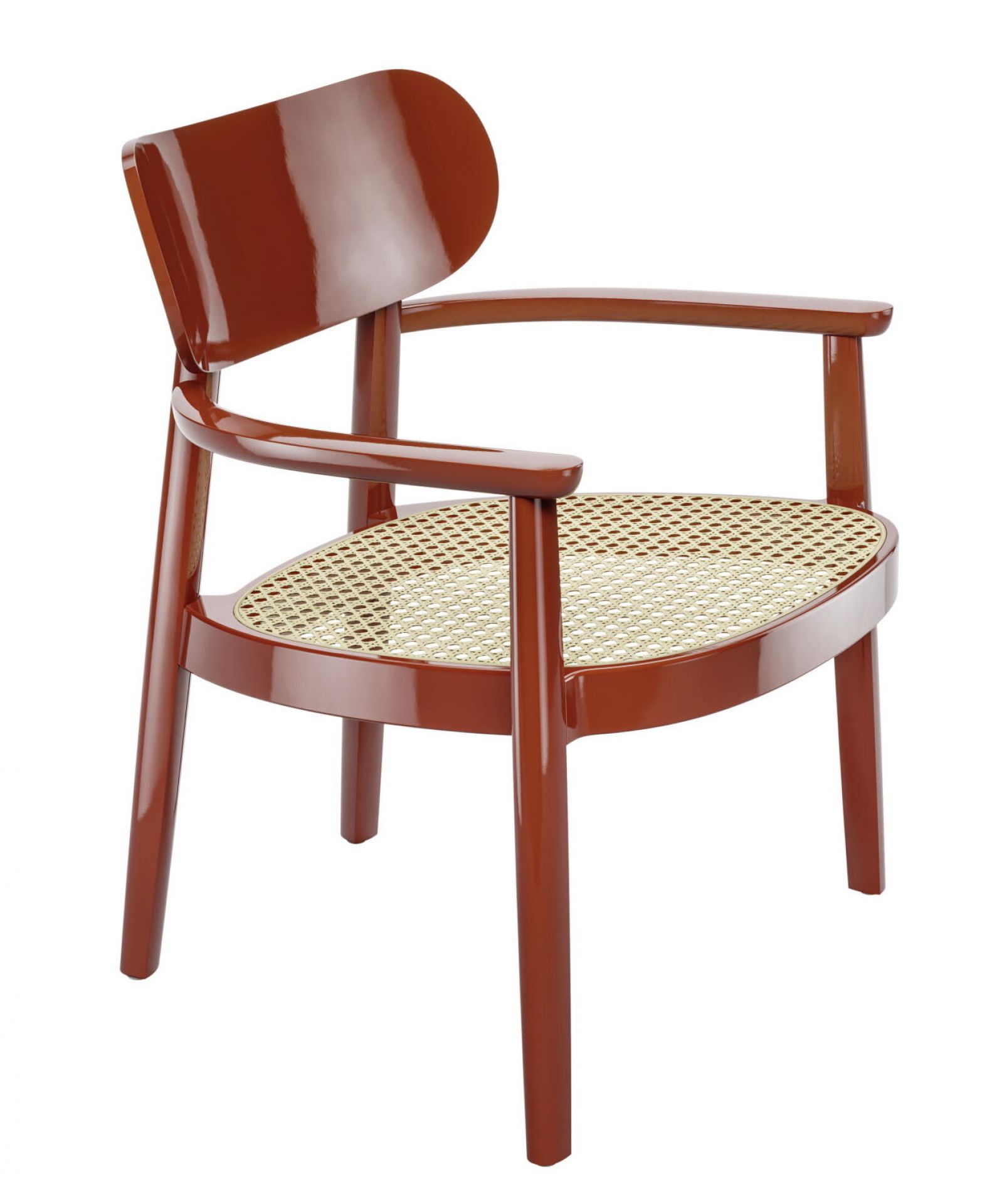 Holzsesessel mit Armlehnen und Wiener Geflecht Sitzfläche in Hochglanz Braun. Thonet Stuhl Design.