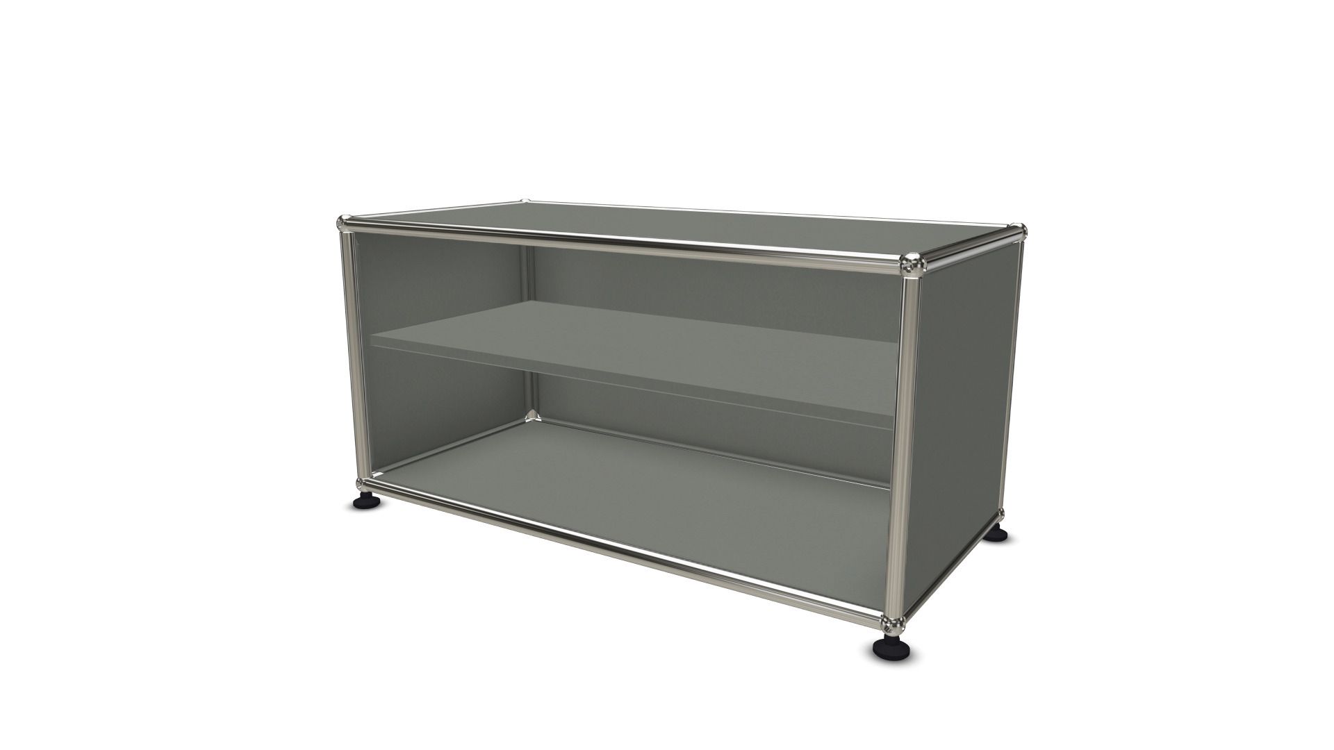 USM Haller Regal mit einem mittelgrauen Zwischentablar als Ersatzteil, modernes modulares Möbeldesign.