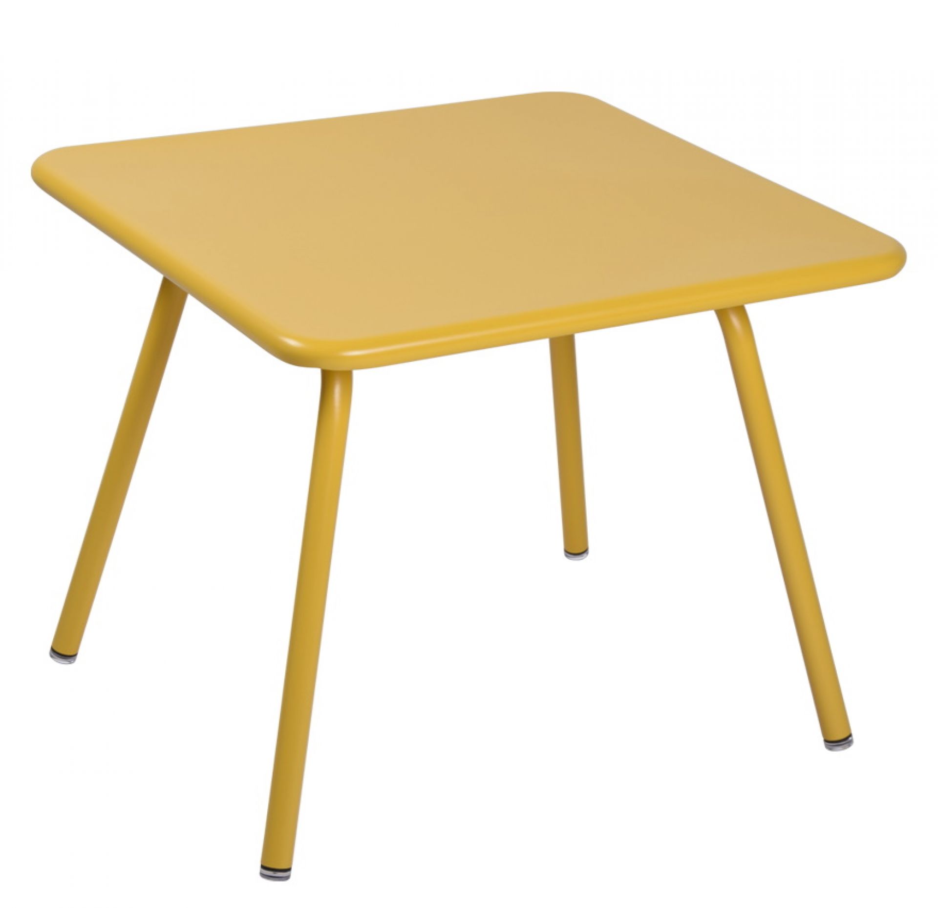 Gelber Fermob Luxembourg Kindertisch für den Garten, quadratisch und aus Metall.