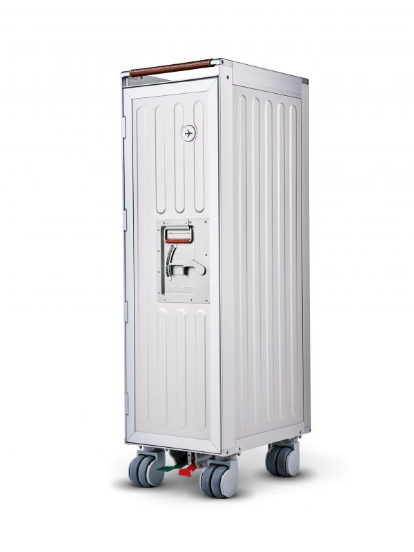 Voyager Flugzeugtrolley Bordbar in Weiß mit Rollen und braunem Ledergriff für Flugzeug-Catering.