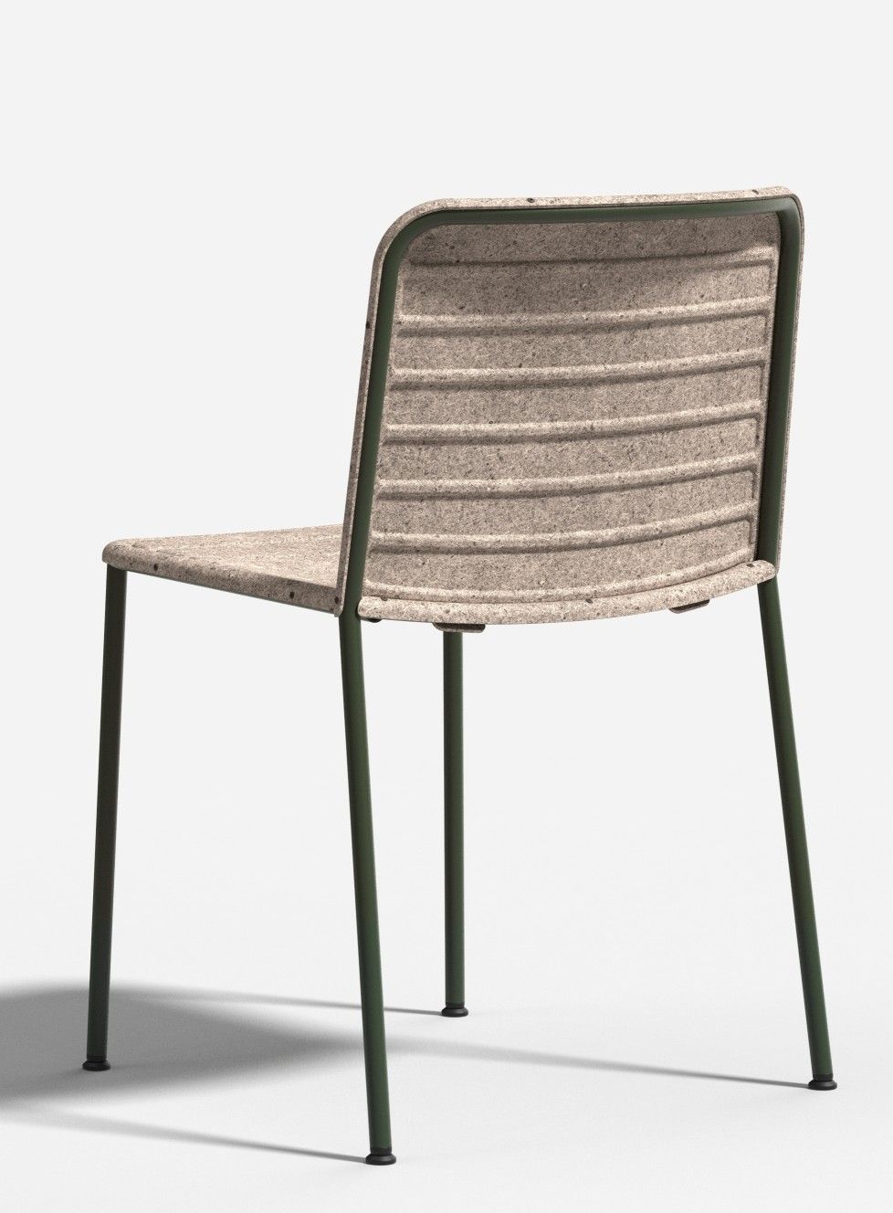 Rückansicht des Flax Stacker Stuhls von Please wait to be seated mit grünem Gestell.