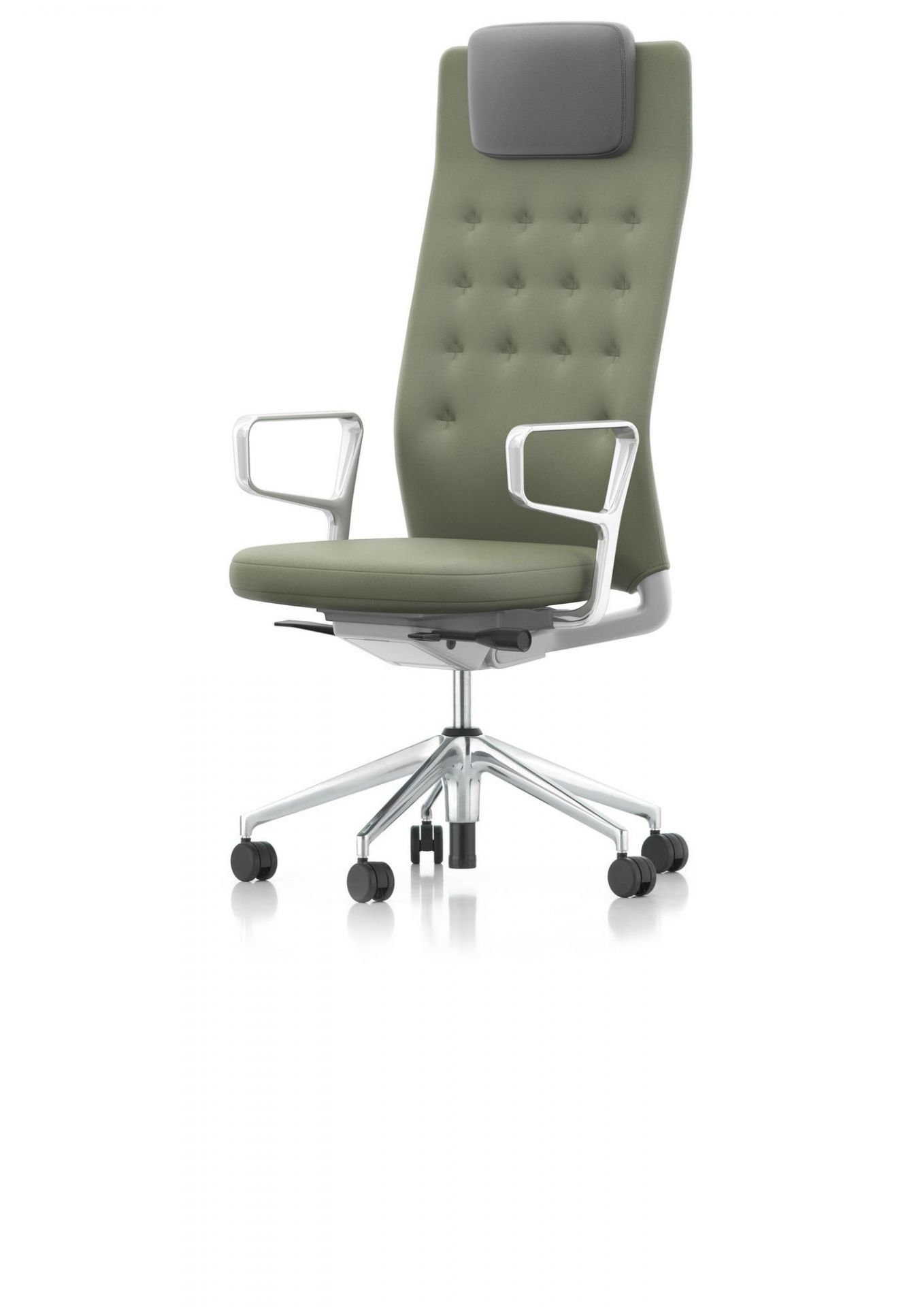 ID Chair Bürostuhl Vitra, Modell ID Trim L, olivgrün mit Kopfstütze und Rollen.
