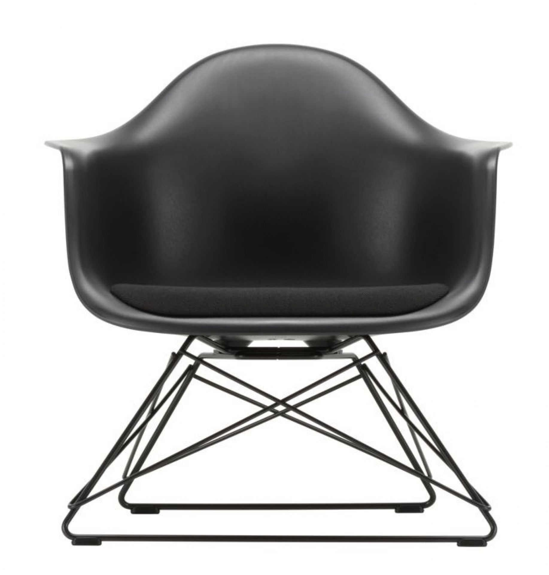 Schwarzer Eames Plastic Arm Chair LAR Schaukelstuhl von Vitra mit Sitzpolster, Frontansicht.