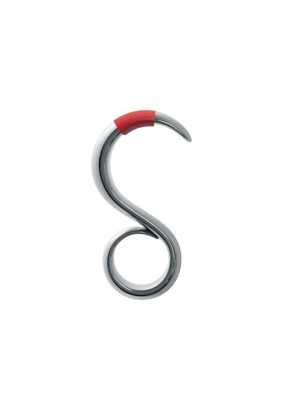 Alessi StaySafe No-touch Schlüsselanhänger aus Edelstahl mit rotem Griff zum Öffnen von Türen.