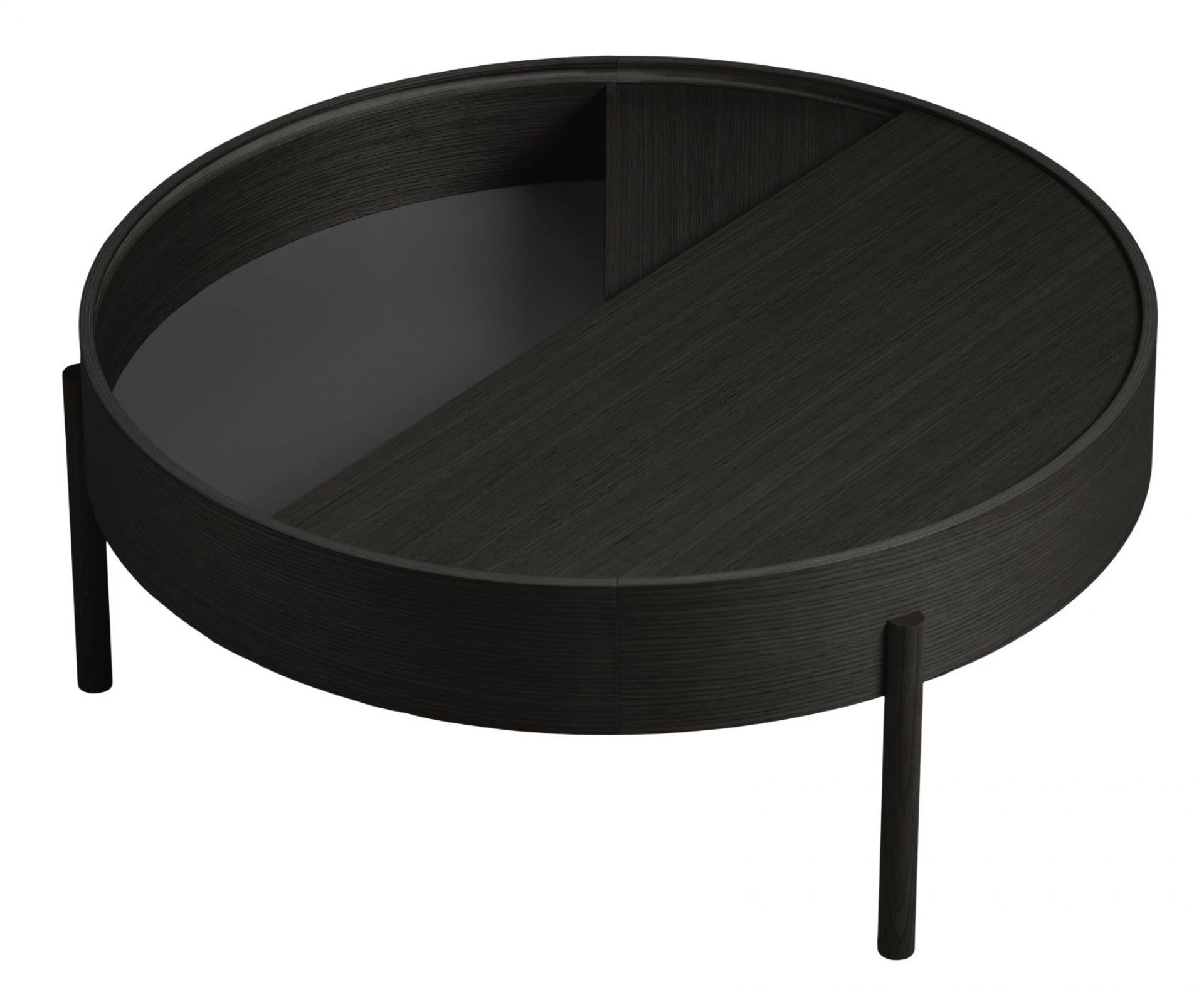 Runder Arc Coffee Table von Woud aus dunklem Holz mit Stauraum.