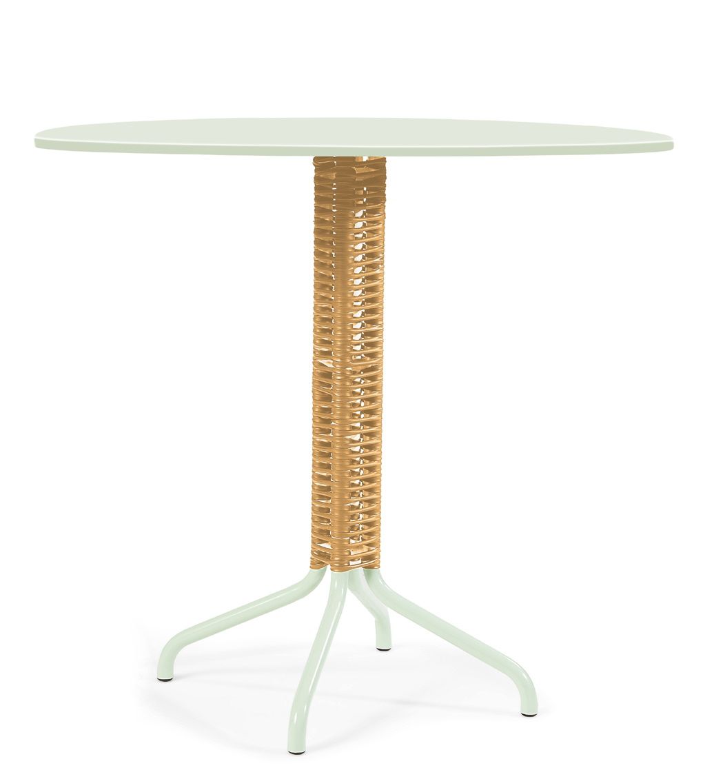 Cielo Table Outdoor: Runder Gartentisch mit geflochtenem Sockel und mintgrünem Gestell.