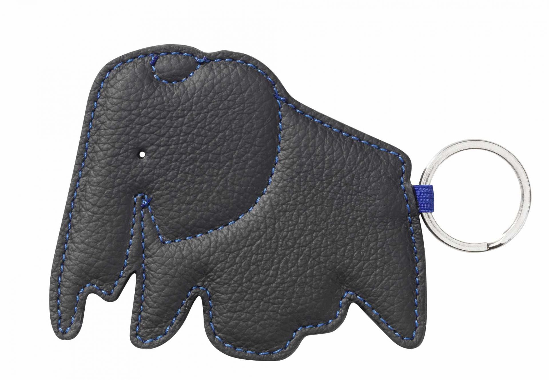 Schwarzer Leder-Schlüsselanhänger in Elefantenform mit blauer Naht und silbernem Schlüsselring. Keyring Elephant.