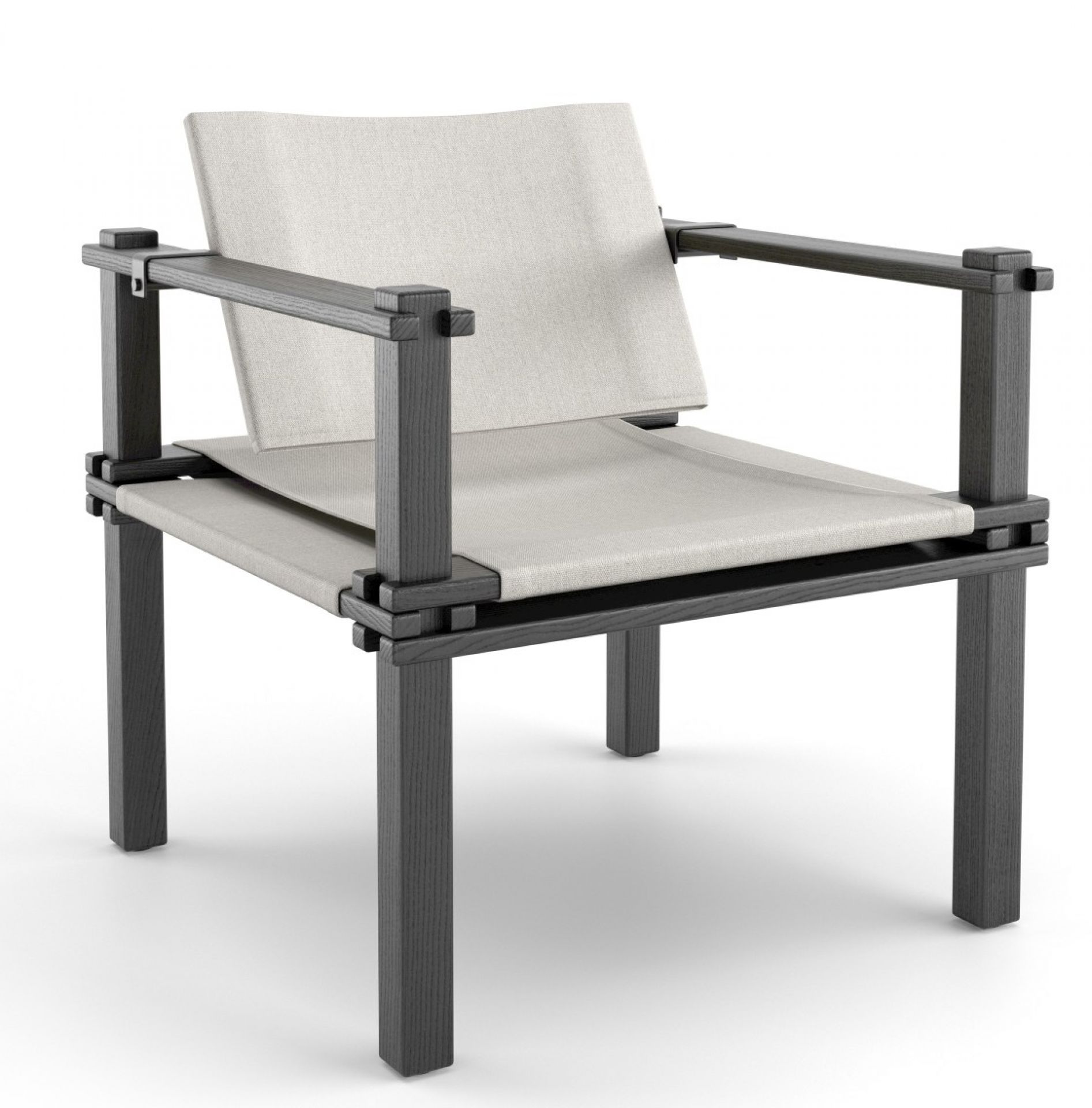 Farmer Sessel Outdoor: Moderner Gartensessel mit grauem Holzrahmen und bequemer, heller Stoffbespannung für Terrasse und Garten.