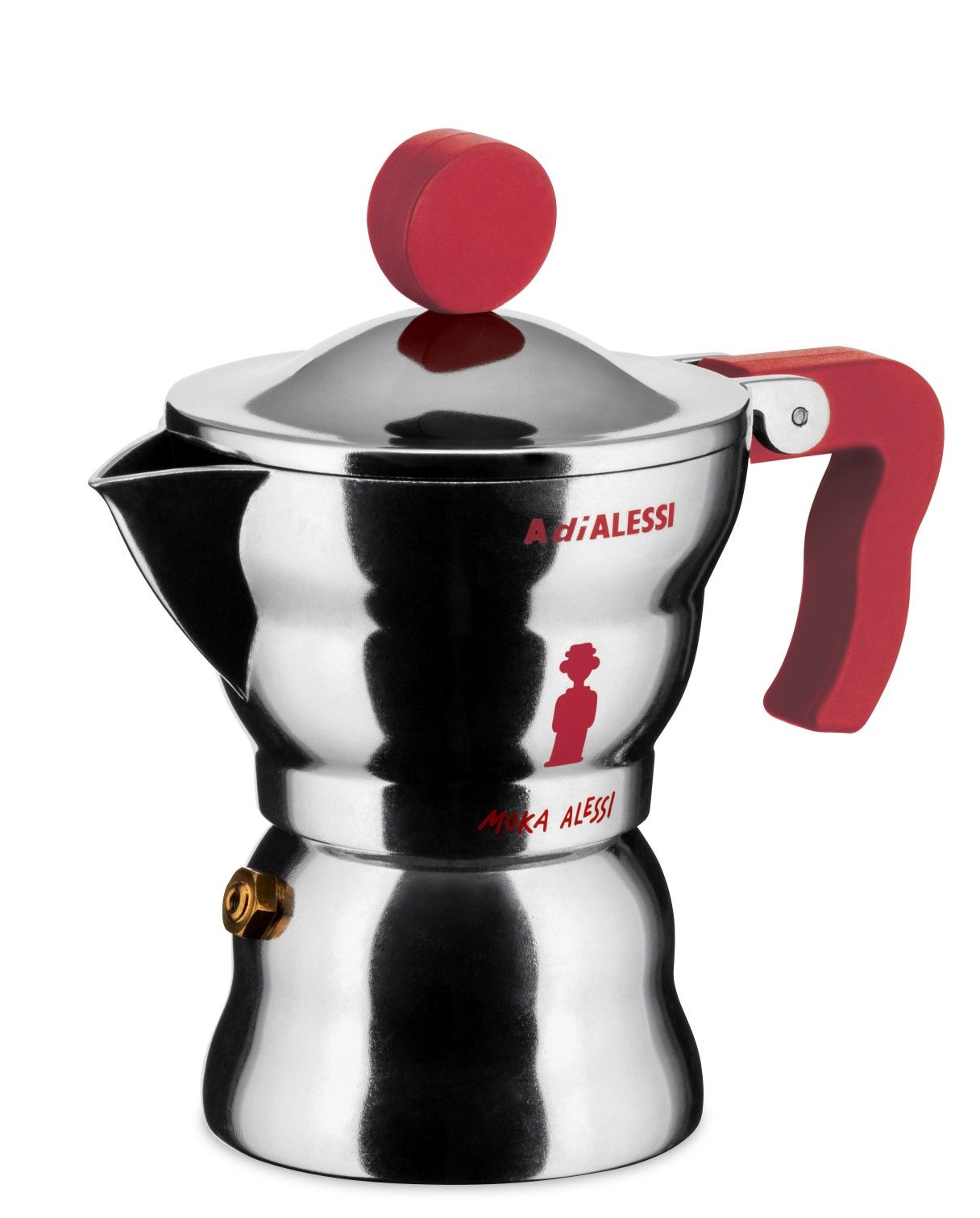 Alessi Moka Espressokocher: Silberne Espressomaschine mit rotem Griff und Knauf, Limited Edition für italienischen Espresso.