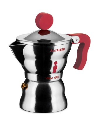 Alessi Moka Espressokocher: Silberne Espressomaschine mit rotem Griff und Knauf, Limited Edition für italienischen Espresso.