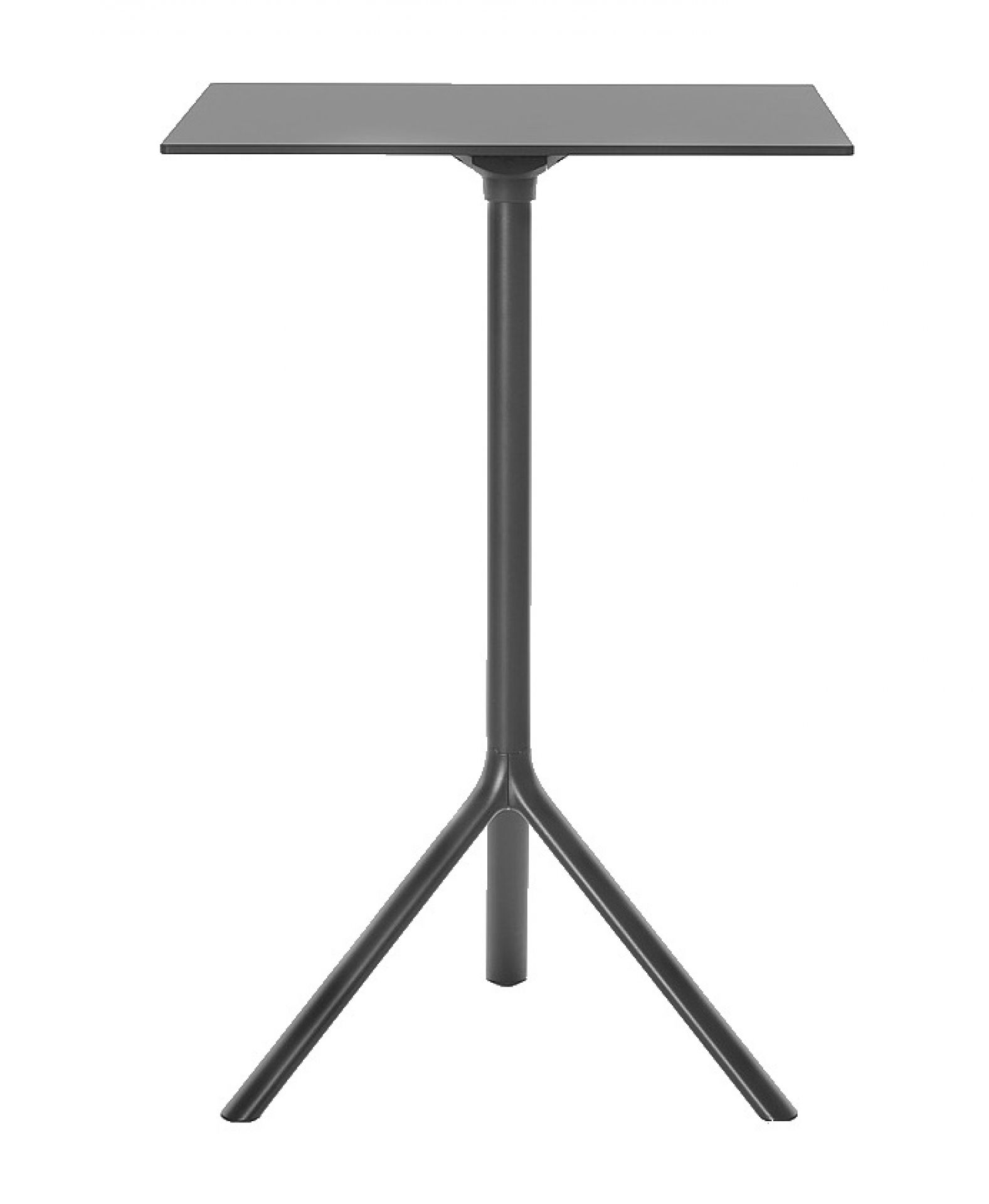 Grauer Miura Stehtisch mit quadratischer Tischplatte und dreibeinigem Fußgestell.