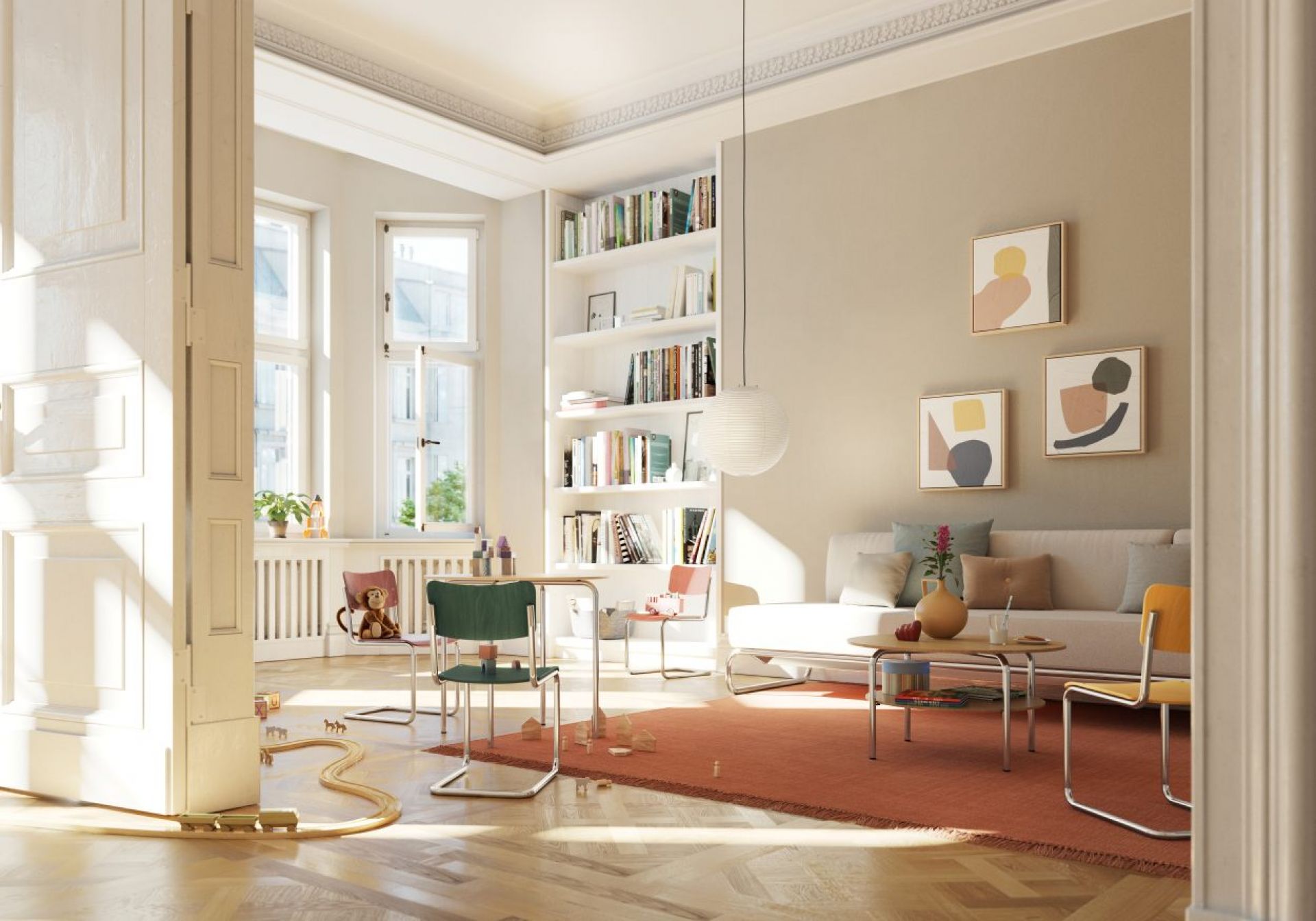 Bernsteingelber S 43 K Kinderstuhl Freischwinger von Thonet im hellen Kinderzimmer. Designklassiker für Kinder.