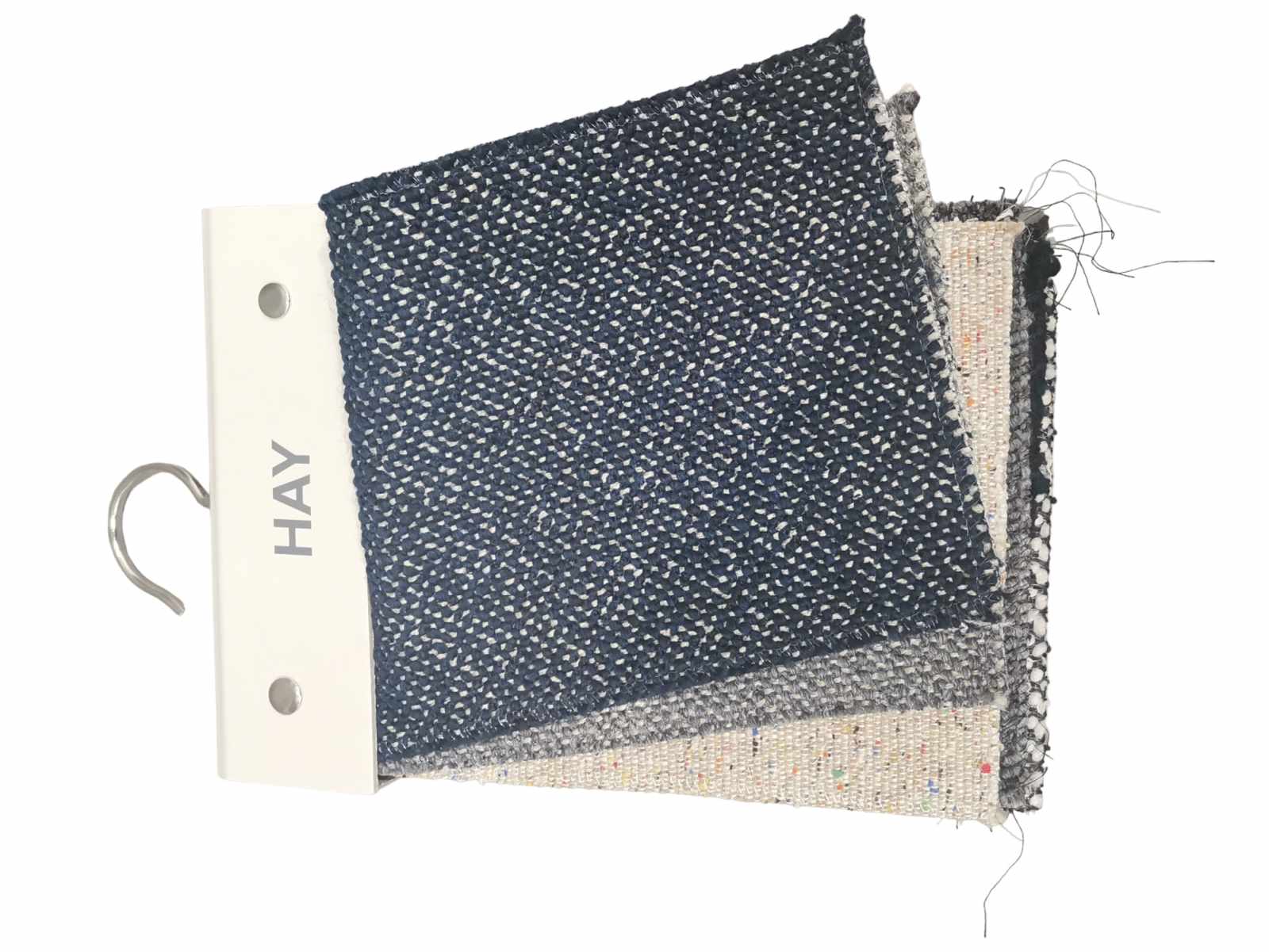 Stoffmusterkarte von HAY mit verschiedenen Texturen und Farben, darunter Fairway. Textilproben für Möbelstoffe.