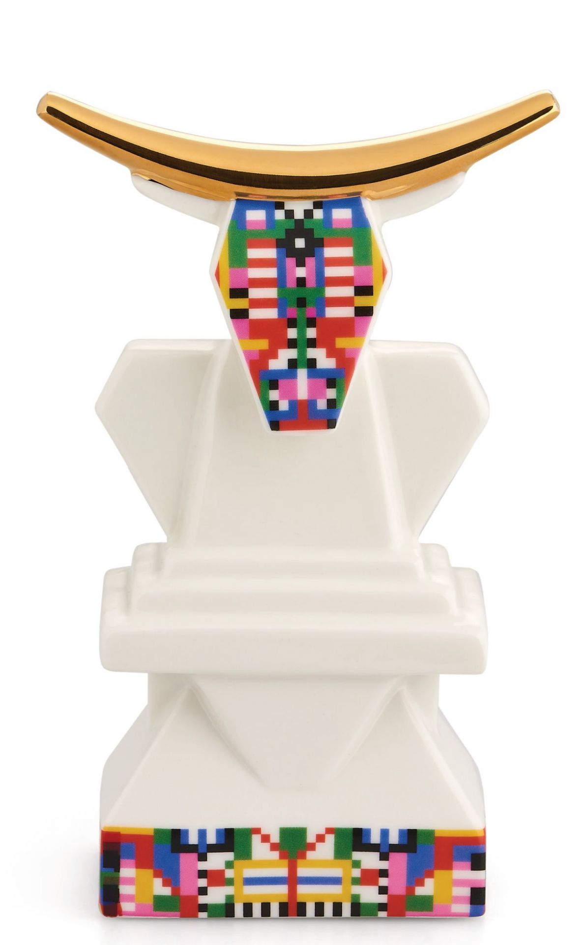 Alessi Cow Porzellanfigur ESA05, ein einzigartiges Deko-Objekt mit bunten Pixelmustern und goldenen Hörnern.