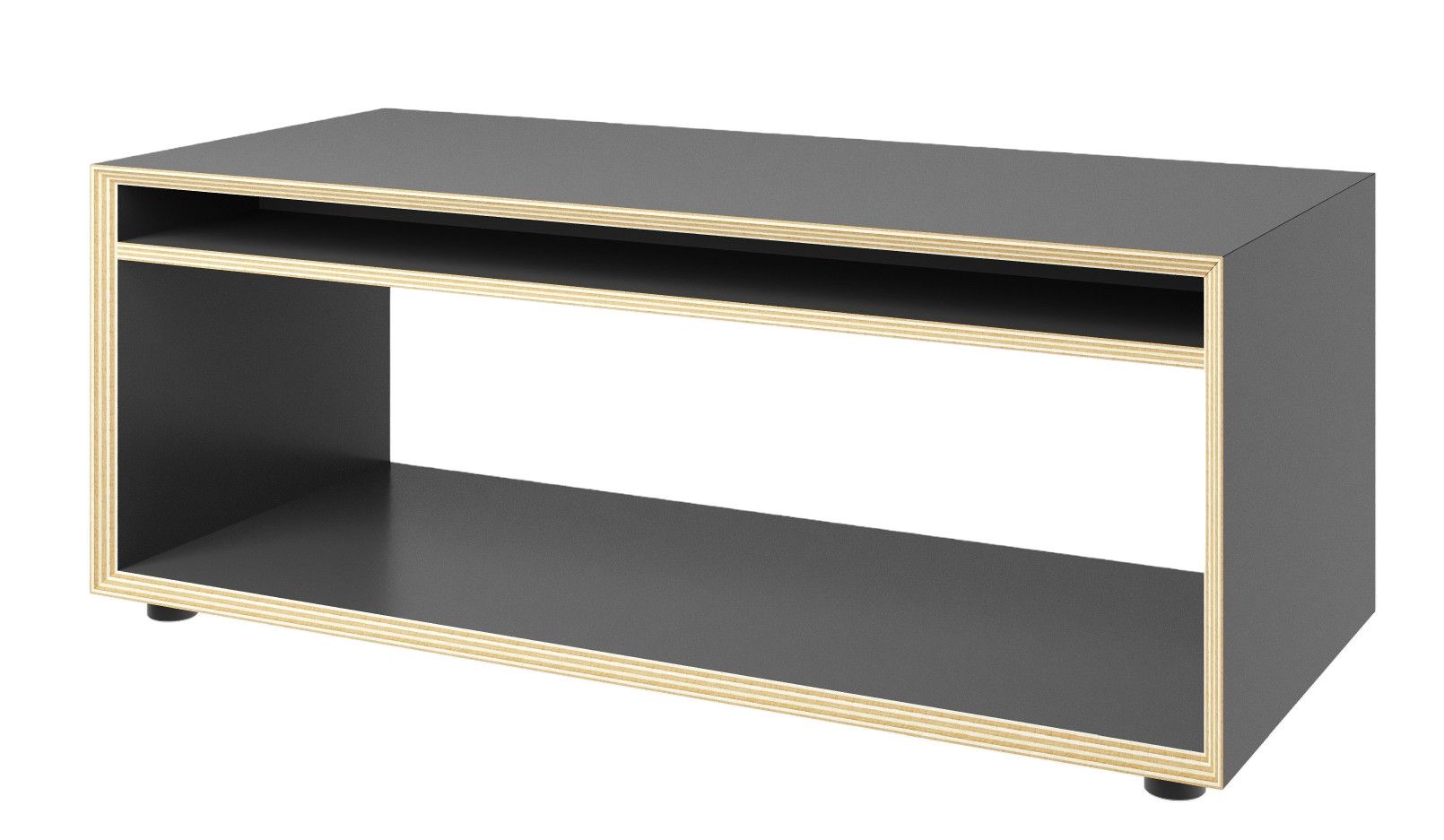 Vertiko Loop Beistelltisch von Müller Möbelwerkstätten, graues Holz, minimalistisches Design mit zwei offenen Fächern.