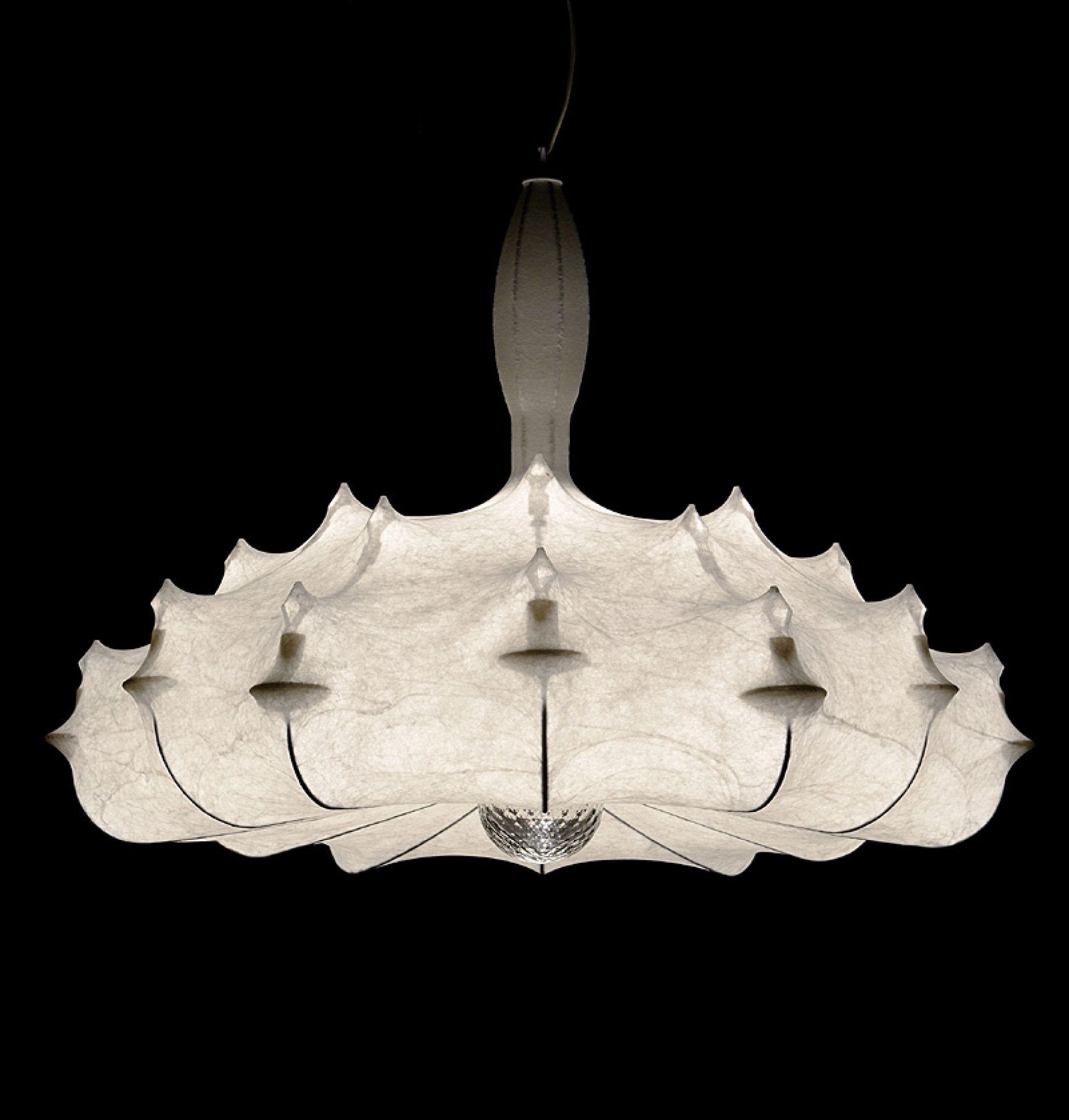 Zeppelin Hängeleuchte von Flos, moderne Pendelleuchte mit weißem Kokon-Schirm und zentralem Kristall-Dekor für Wohnzimmer.