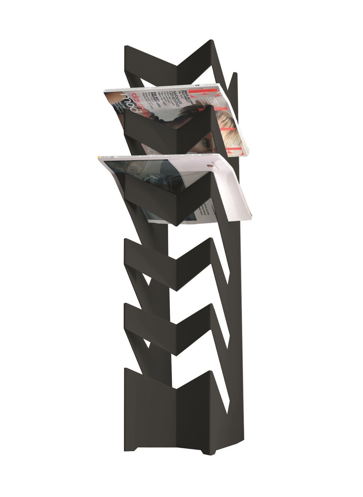 Schwarzer News Boden Zeitungsständer mit Zeitungen und Zeitschriften, modernes Design für Wohnzimmer und Büro.