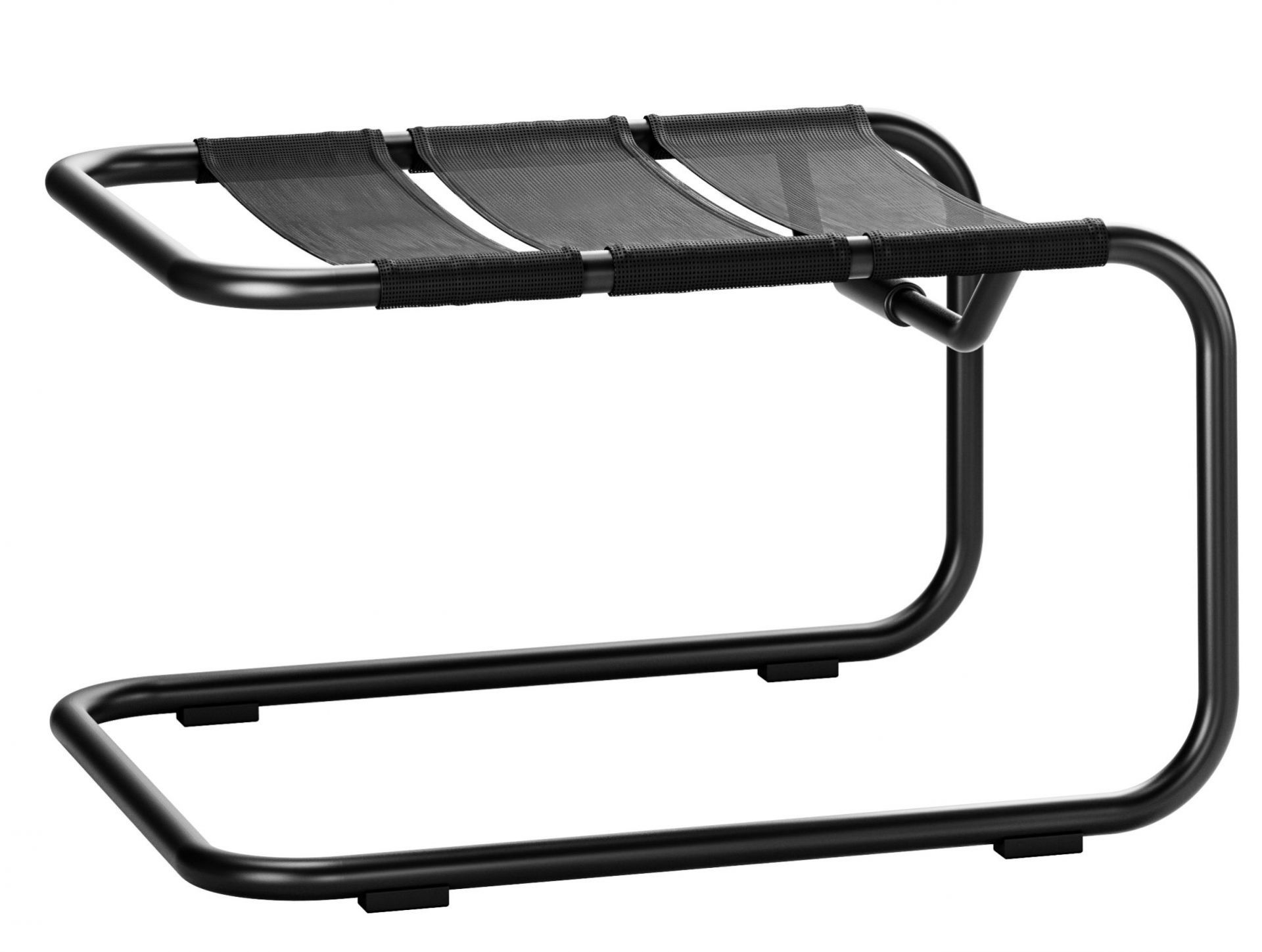 Schwarzer Thonet S 35 NH Outdoor Hocker mit Stahlrohrgestell und wetterfestem Textilgewebe.