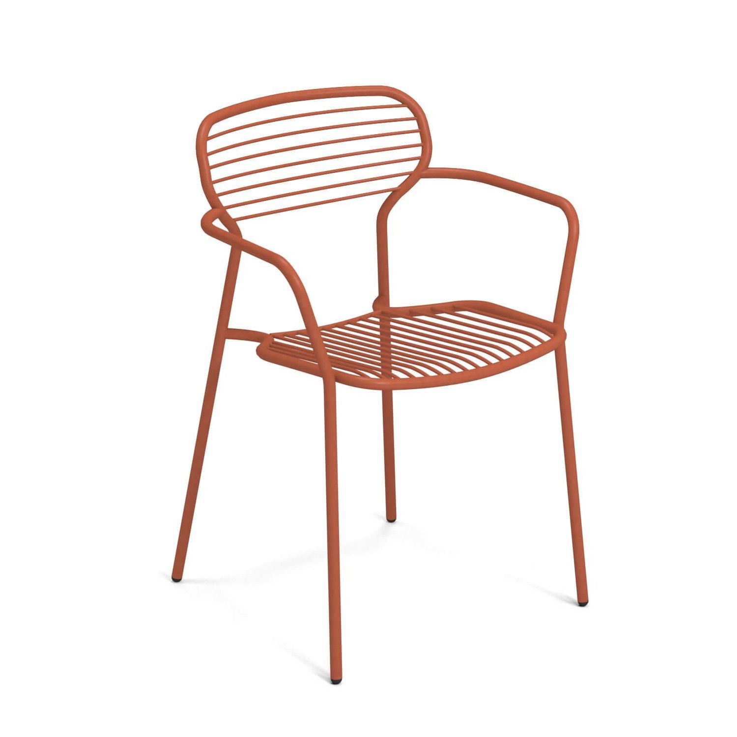 Apero Stuhl mit Armlehne von Emu, orangefarbener Metallstuhl für Garten und Terrasse.