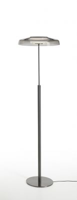 Dora Stehleuchte von Oluce: Moderne Stehlampe mit grauem Schirm und schlankem, dunklem Fuß.