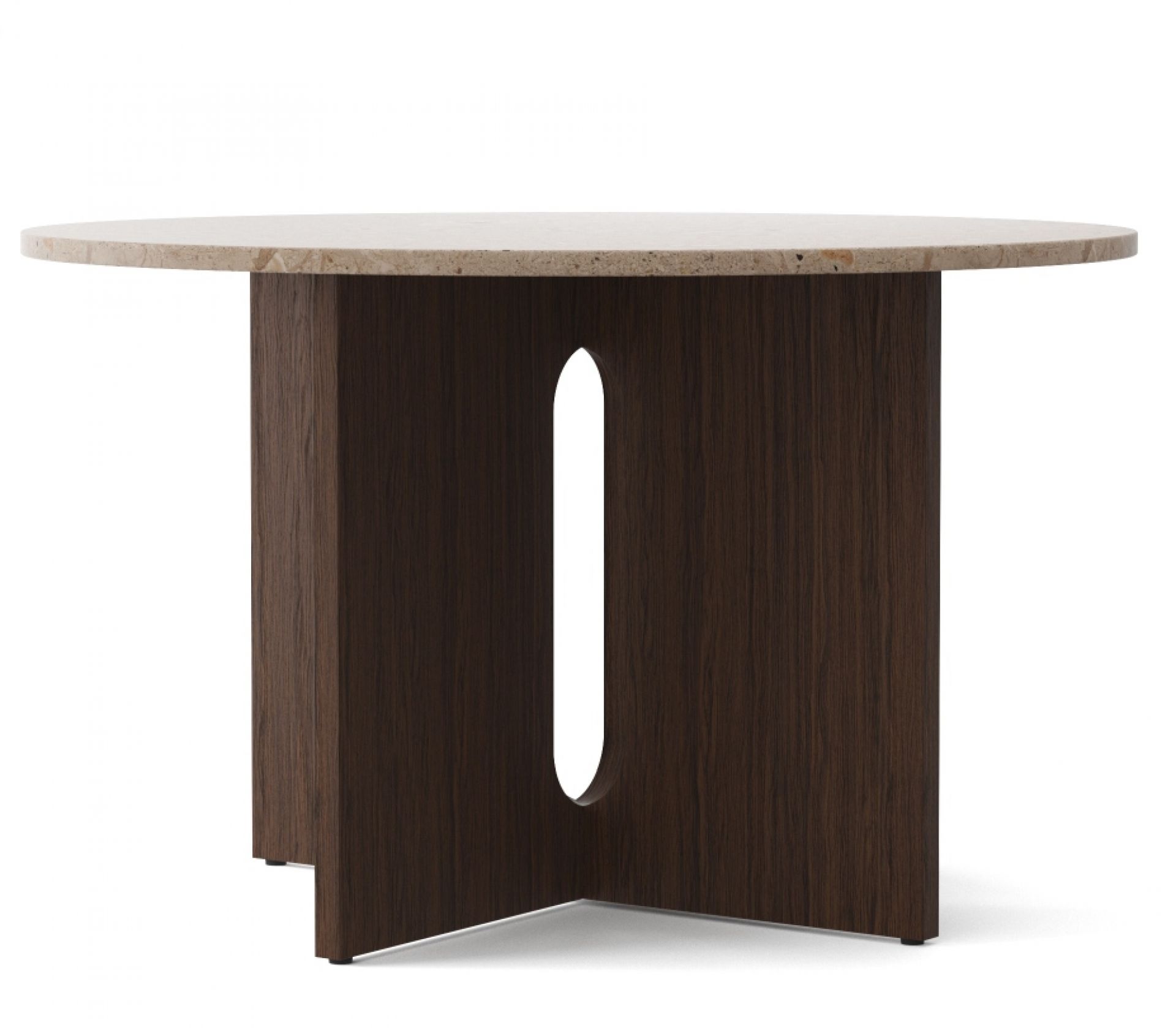 Androgyne Esstisch mit runder Sandsteinplatte und dunkel gebeiztem Eichenholzfuß mit Aussparung.