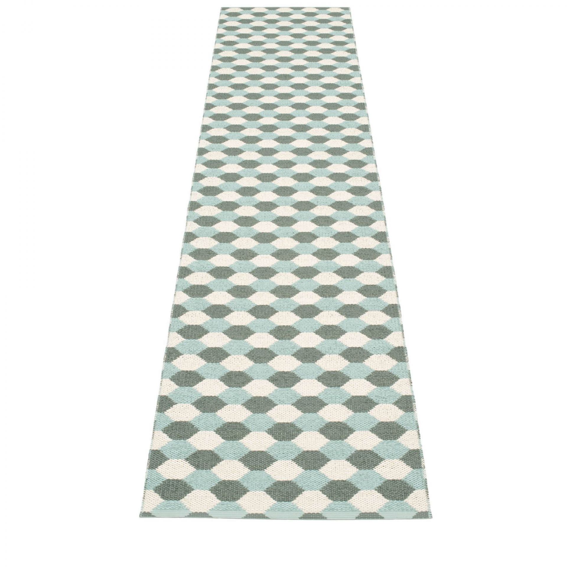 Pappelina Dana Kunststoffteppich in 70x400 cm mit geometrischem Muster in Grün, Weiß und Türkis.