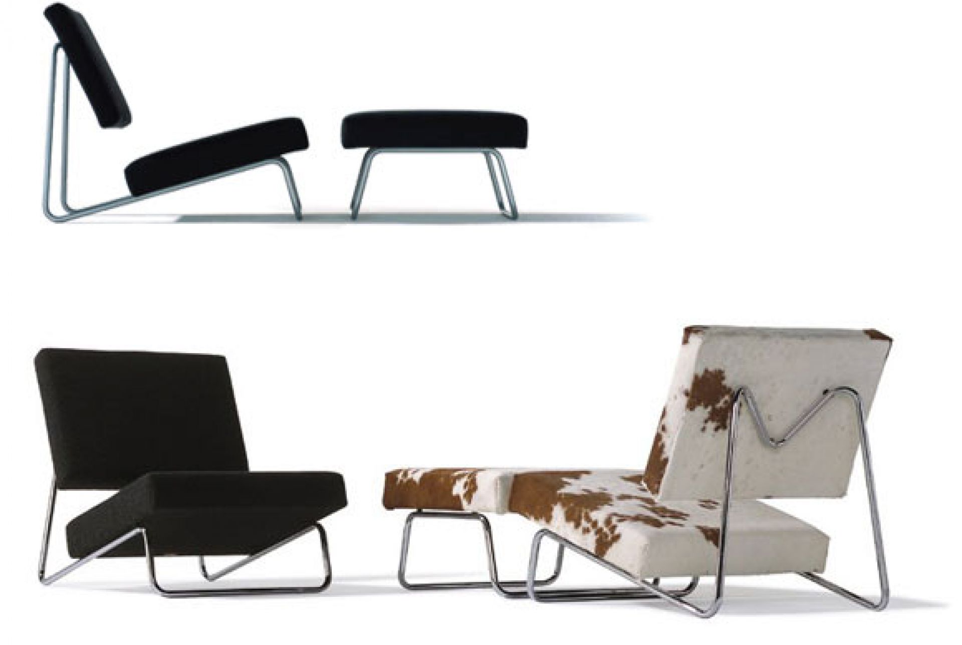 Richard Lampert Sessel und Hocker: Moderner Lounge Chair mit Stahlgestell, in Schwarz und Kuhfell.