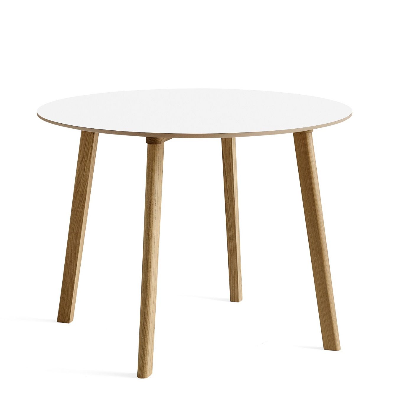 Hay CPH Deux 220 Tisch mit runder, weißer Tischplatte und hellen Holzbeinen. Design Tisch.