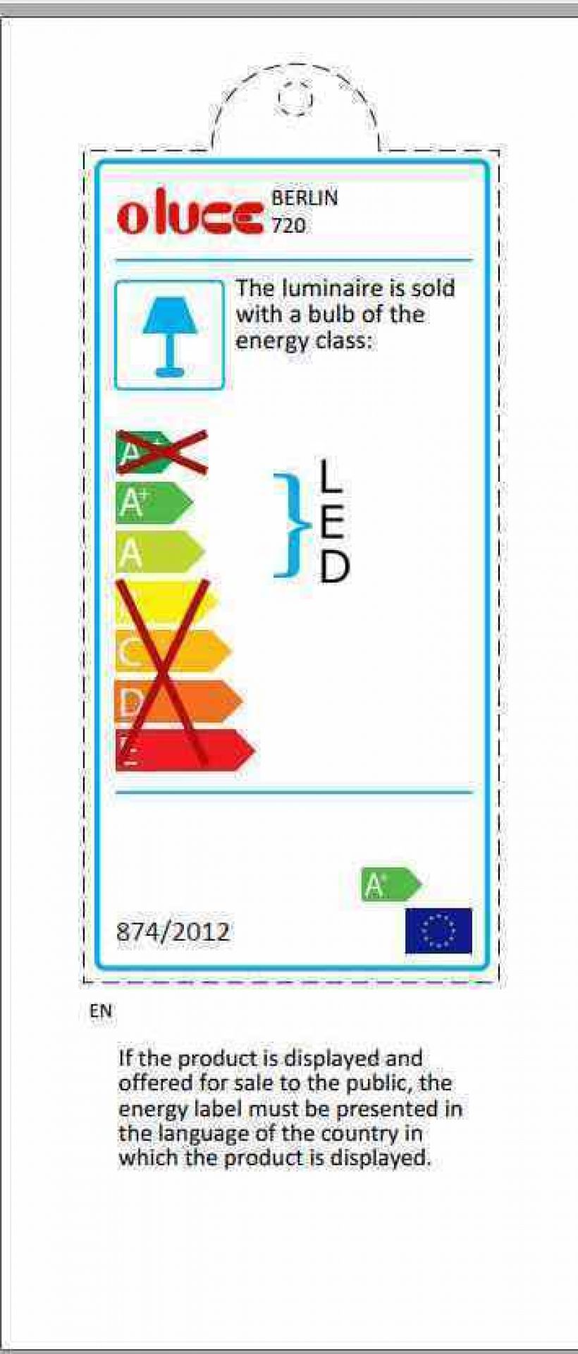 Energielabel der Oluce Berlin Wandleuchte mit LED-Leuchtmittel und Energieeffizienzklasse A.