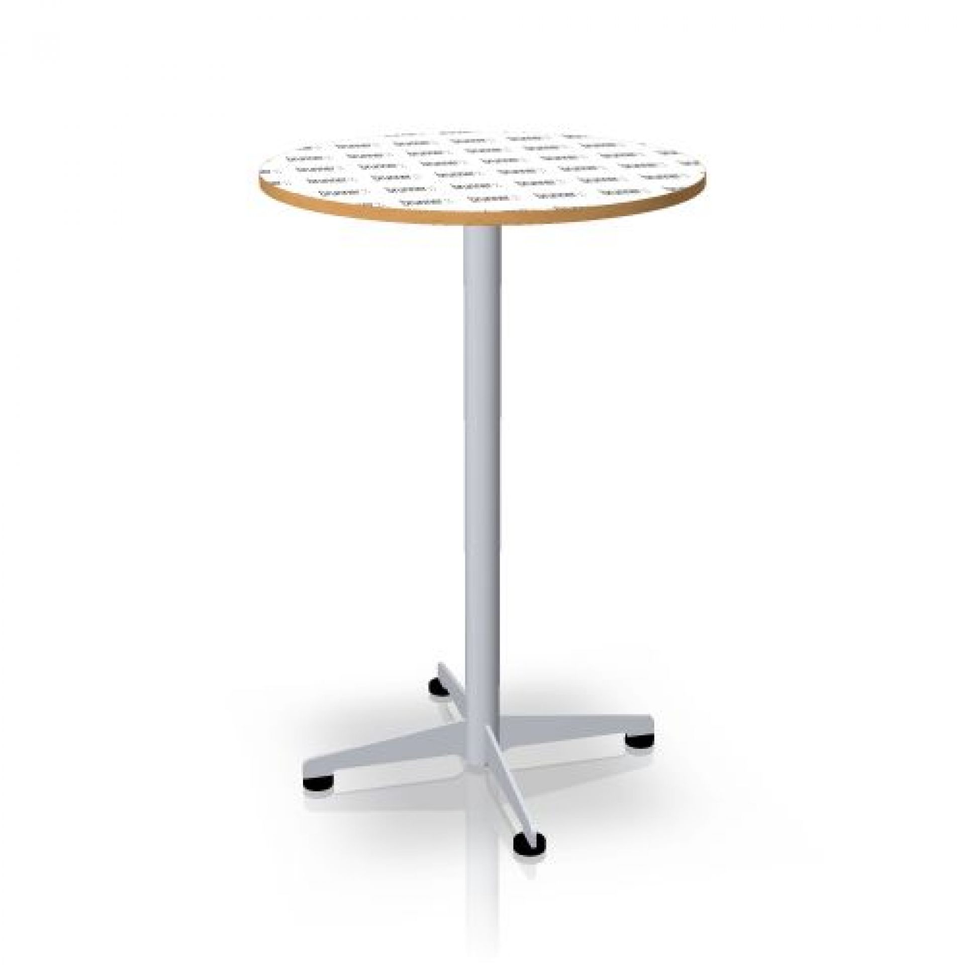 Runder, klappbarer Stehtisch "pivot" von Brunner mit weißem Gestell und bedruckter Tischplatte.