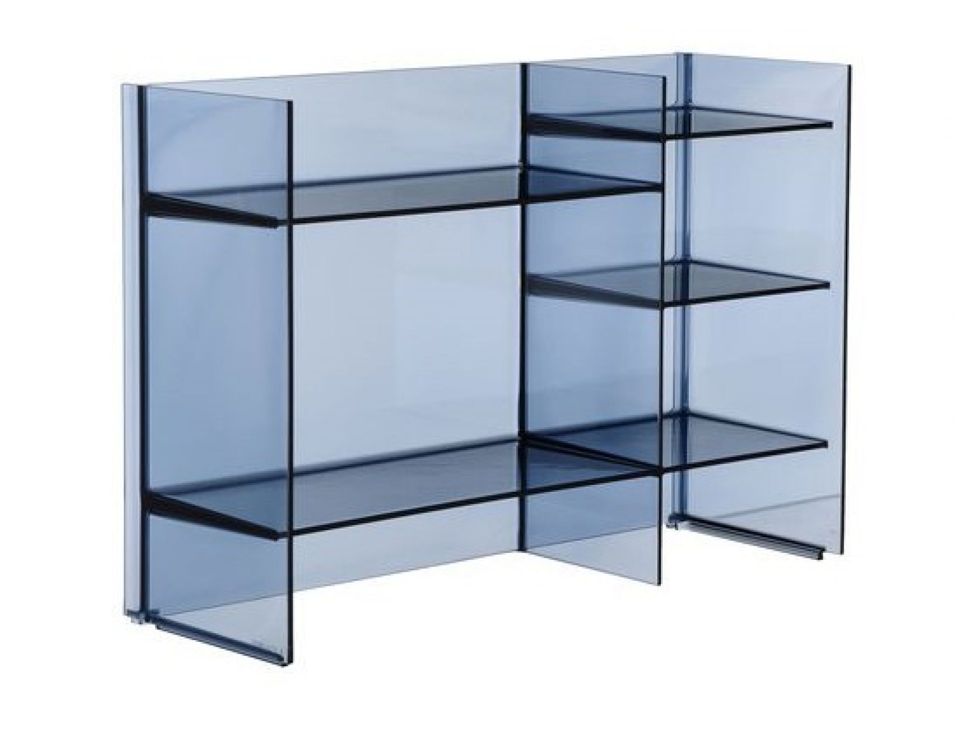 Blaues Sound-Rack Regalsystem von Kartell: Modernes Designregal aus transparentem Kunststoff für Wohnzimmer und Büro.