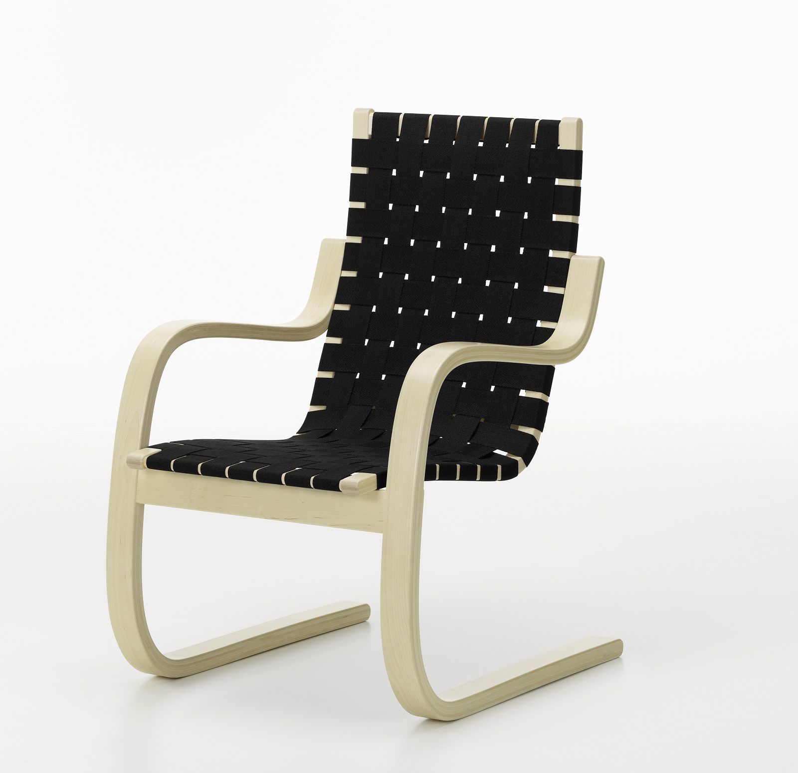 Armchair 406 Sessel Artek mit hellem Holzrahmen und schwarzer Stoffbespannung, modernes Design.