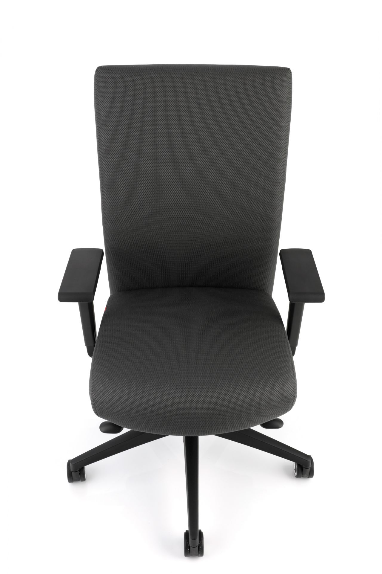 Ansicht von vorne: Grauer Selleo Bürodrehstuhl von Köhl mit Armlehnen und Rollen. Ergonomischer Arbeitsstuhl.