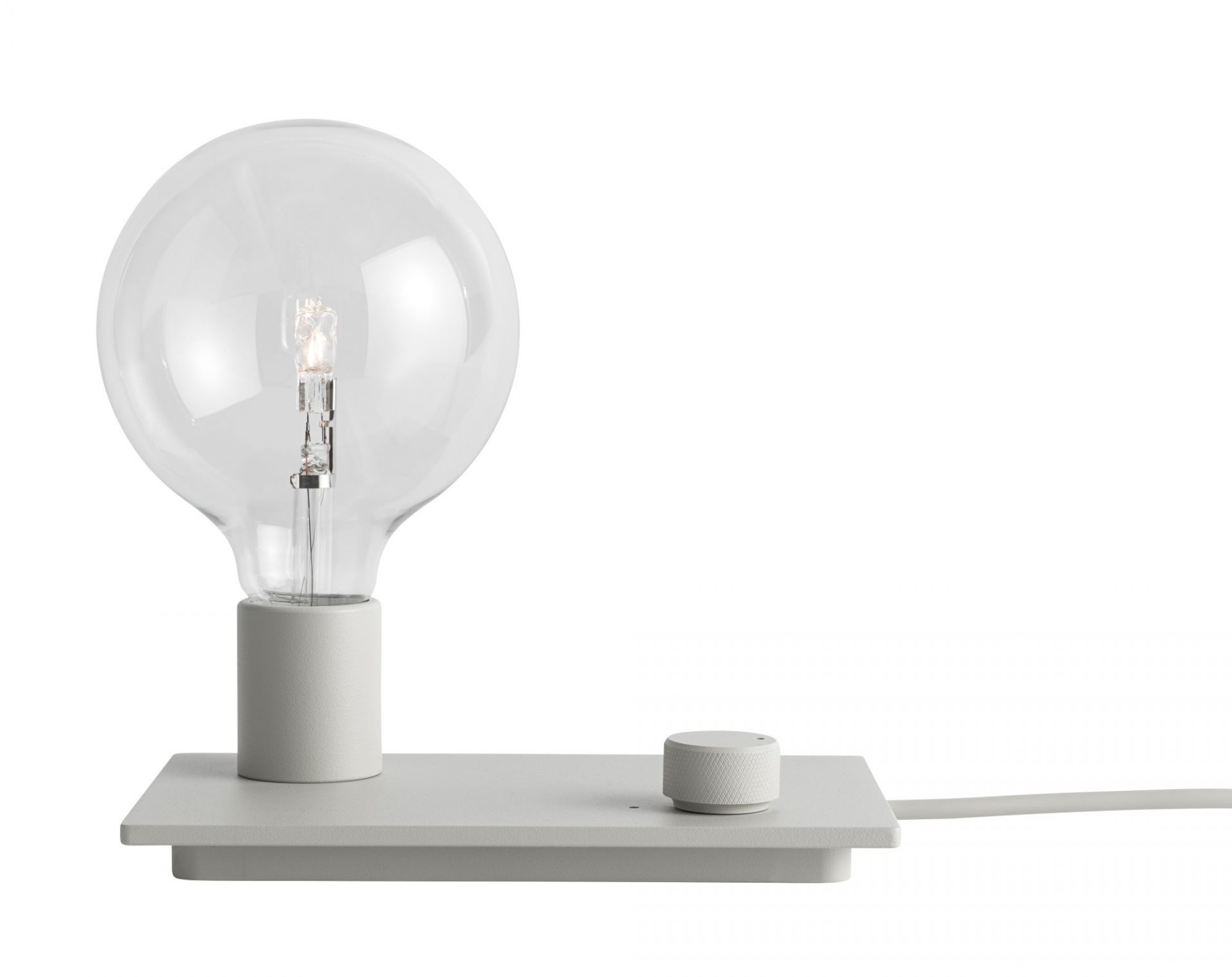 Graue Control Tischleuchte mit Dimmer und großer Glühbirne. Moderne Lampe für Nachttisch oder Schreibtisch.