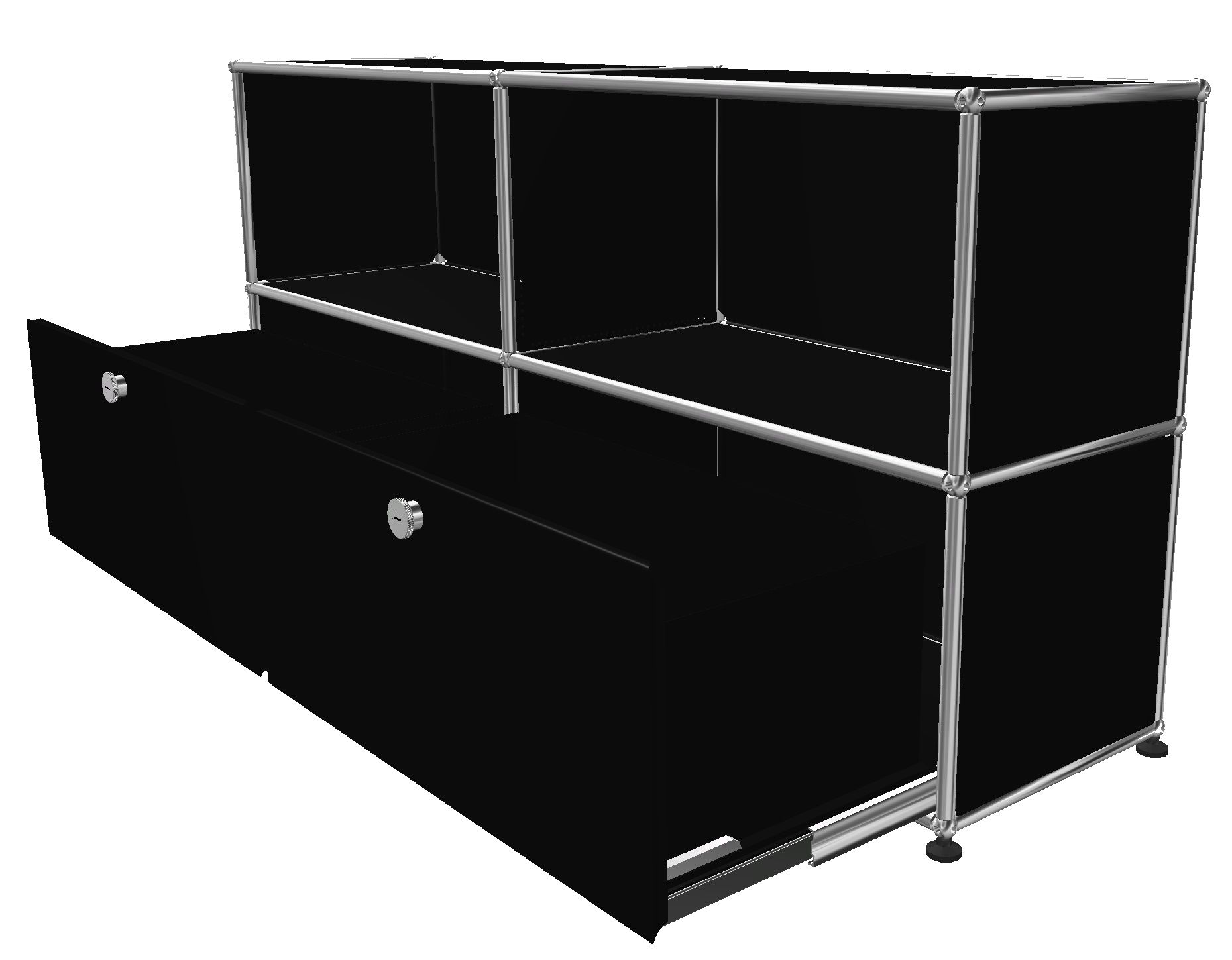 USM Haller Sideboard graphitschwarz mit zwei Schubladen und offenen Fächern, modernes modulares Design.