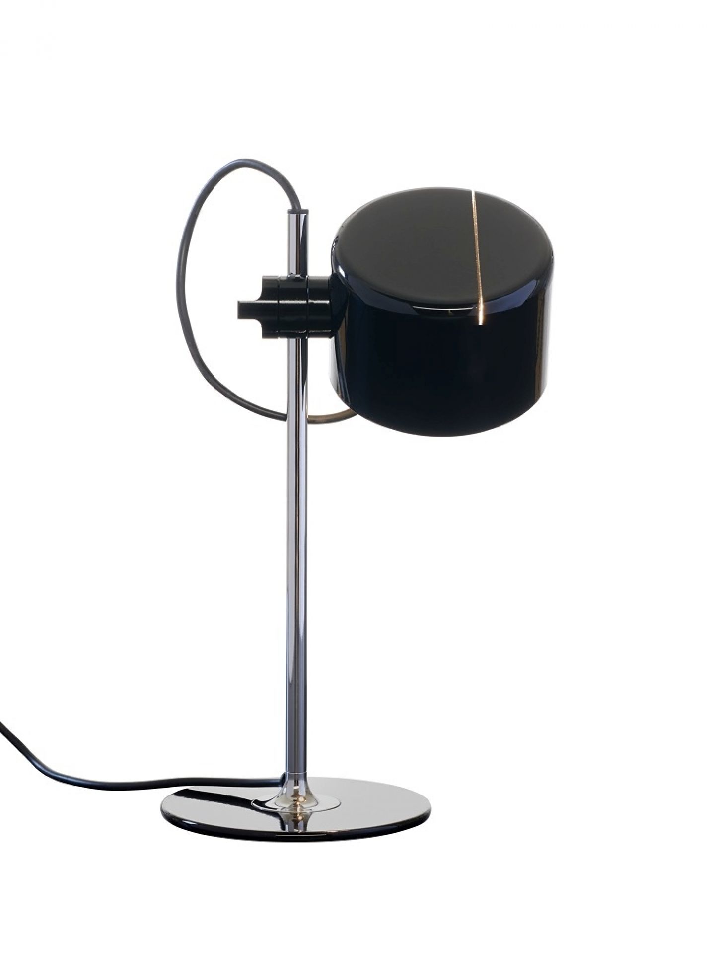 Mini Coupé Tischleuchte von Oluce, schwarz glänzend, mit verchromtem Fuß und Schirm.