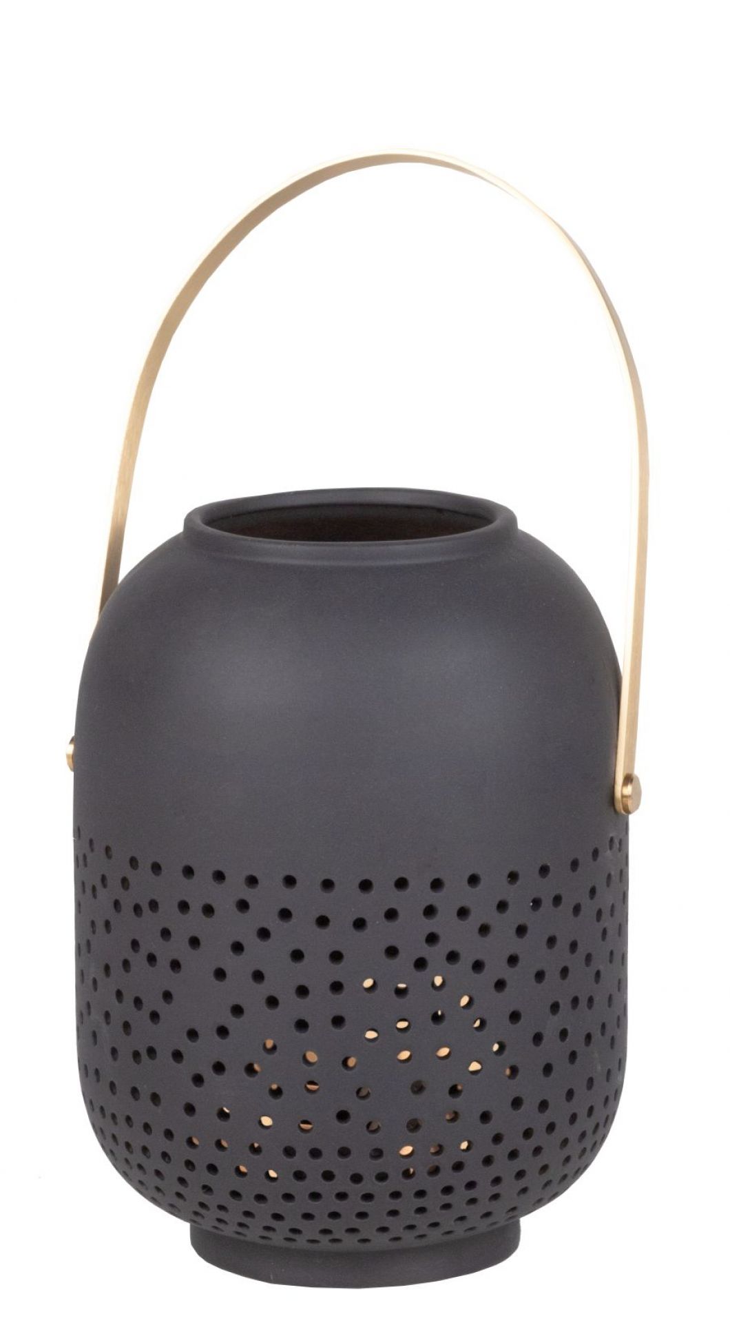 Schwarze Zuhausesein Laterne Sternenhimmel mit goldenem Henkel, ein dekoratives Einzelstück für stimmungsvolle Beleuchtung im Innenbereich.