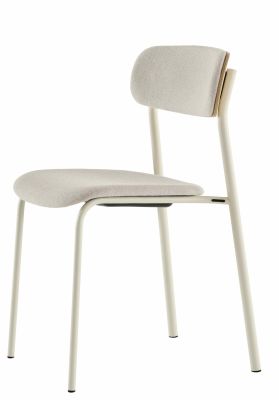 Thonet S 243 PV Stuhl: Stahlrohrstuhl mit gepolsterter Sitzfläche und Rückenlehne in Beige.