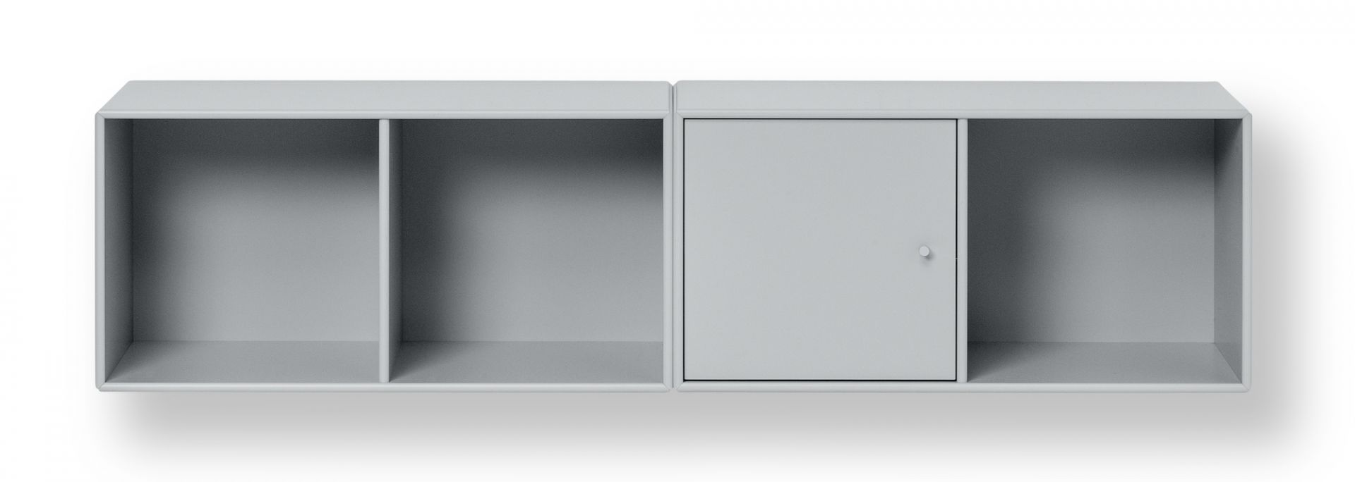 LINE Wandregal in Grau, bestehend aus zwei Modulen, eines mit Tür, modernes skandinavisches Design.