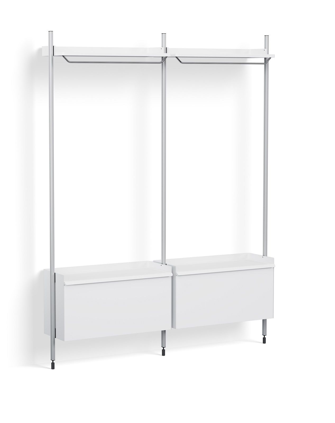 Pier System Regal mit zwei weißen Schränken und Kleiderstange aus Aluminium. Garderobe für Flur.