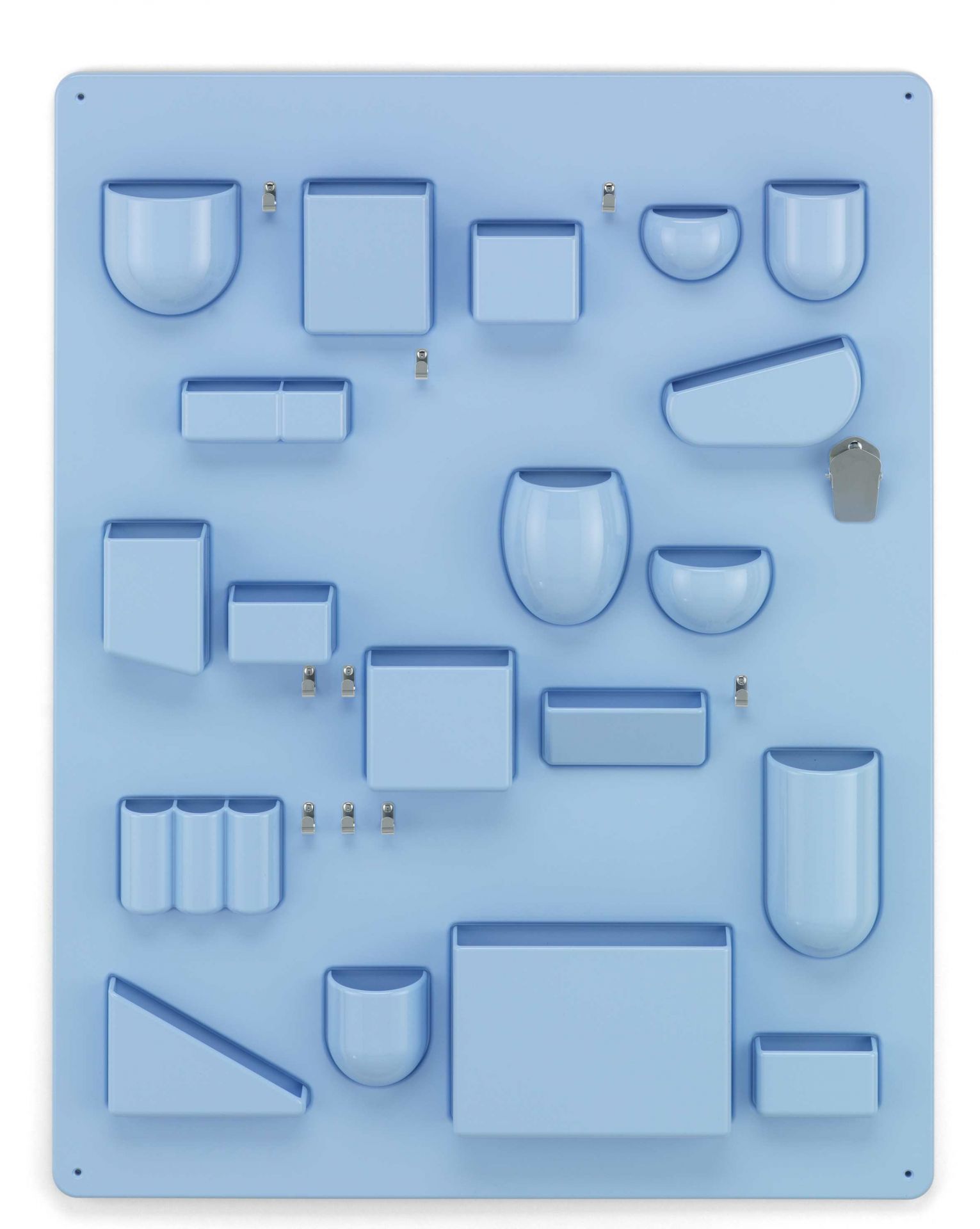 Horizontblaues Uten.Silo Wand-Ordnungssystem von Vitra mit verschiedenen Behältern und Fächern zur Aufbewahrung von Büroartikeln.