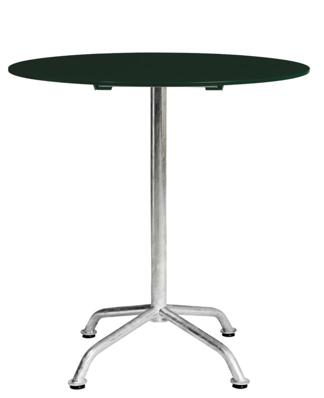 Haefeli Gartentisch mit runder, dunkelgrüner Tischplatte und silberfarbenem Metallgestell für den Außenbereich.