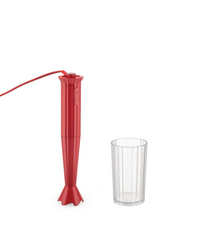 Roter Alessi Plissé Stabmixer mit Messbecher, Küchengerät für Smoothies und Suppen.